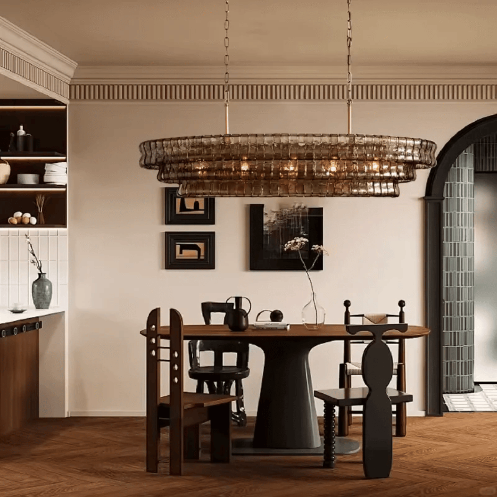 Gray Glass Oval Chandelier Dimmable LED Dining Room, Small / Natural Light, Chandeliers, Dimma Smoky