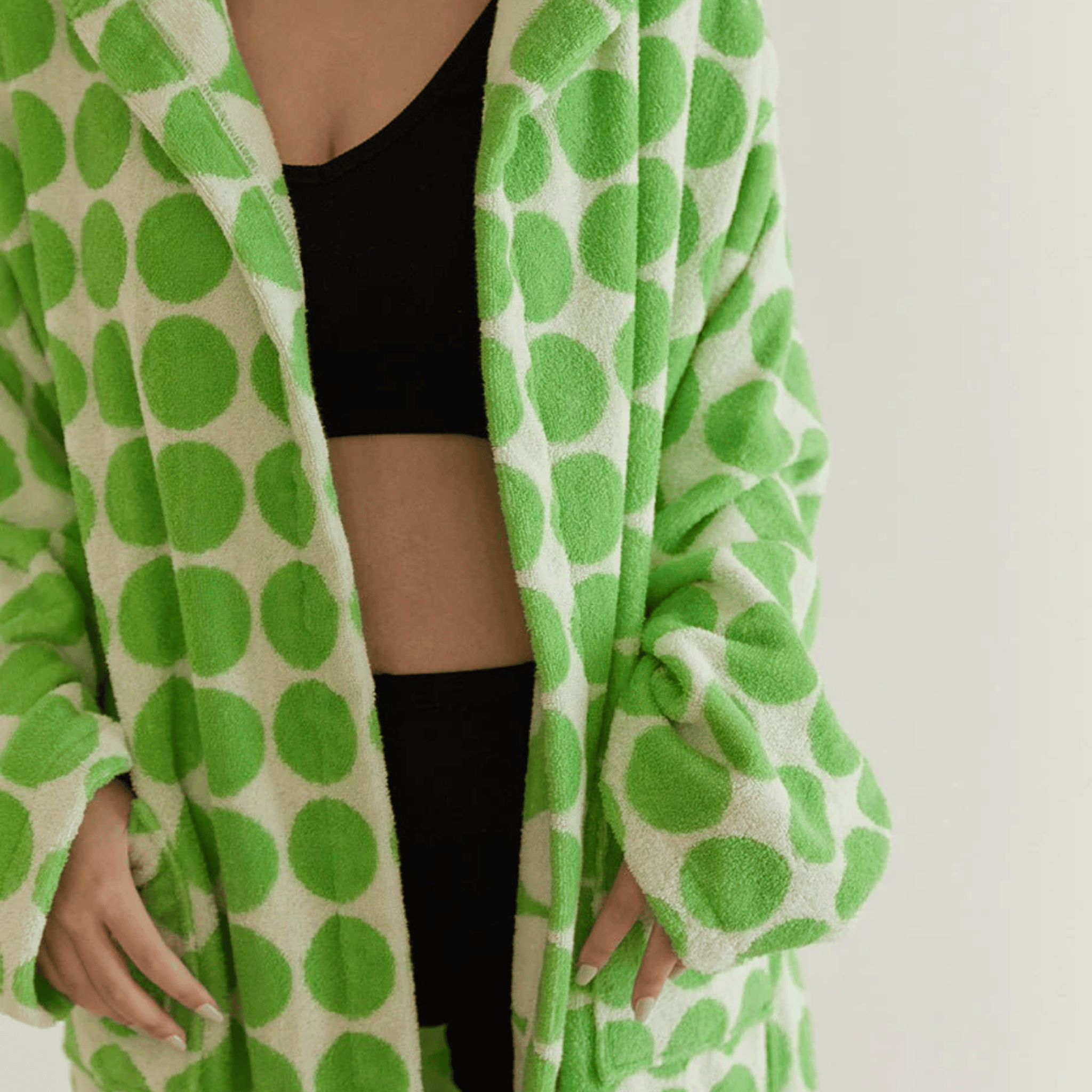 Luxury Organic Cotton Bathrobe with Jacquard Dots, Green, Robes, Dova Hotel-Style Robe