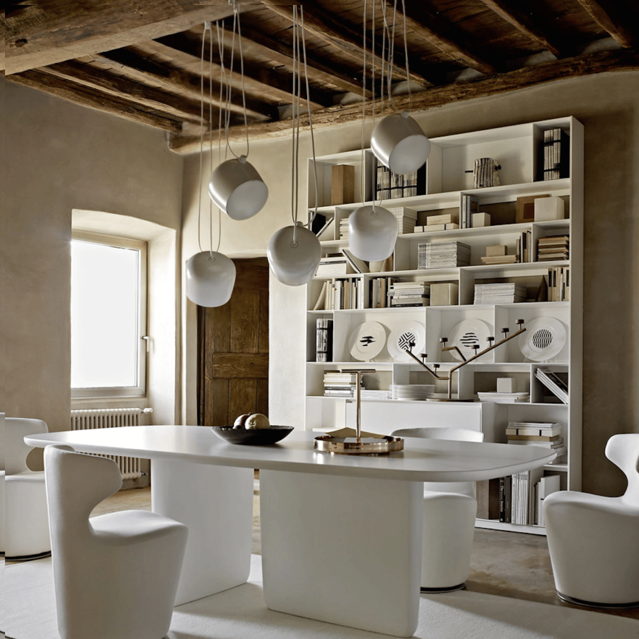 White Drum Pendant Light Industrial Nordic Design, 5 head, Ceiling Fixtures, Driva Modern Aluminum