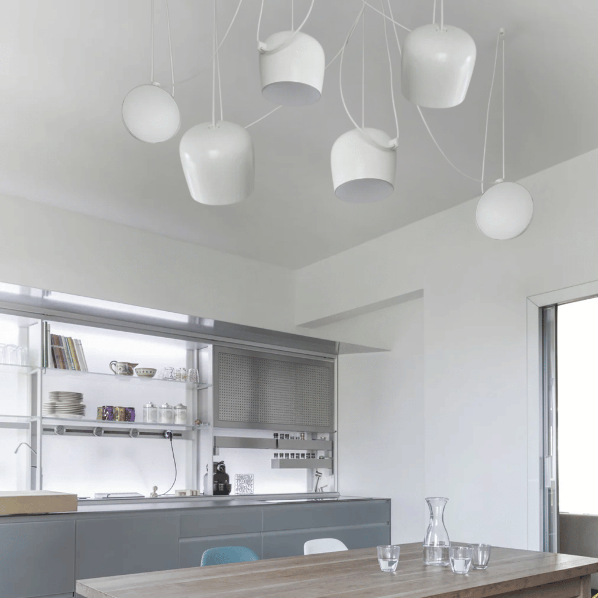 White Drum Pendant Light Industrial Nordic Design, 6 head, Ceiling Fixtures, Driva Modern Aluminum