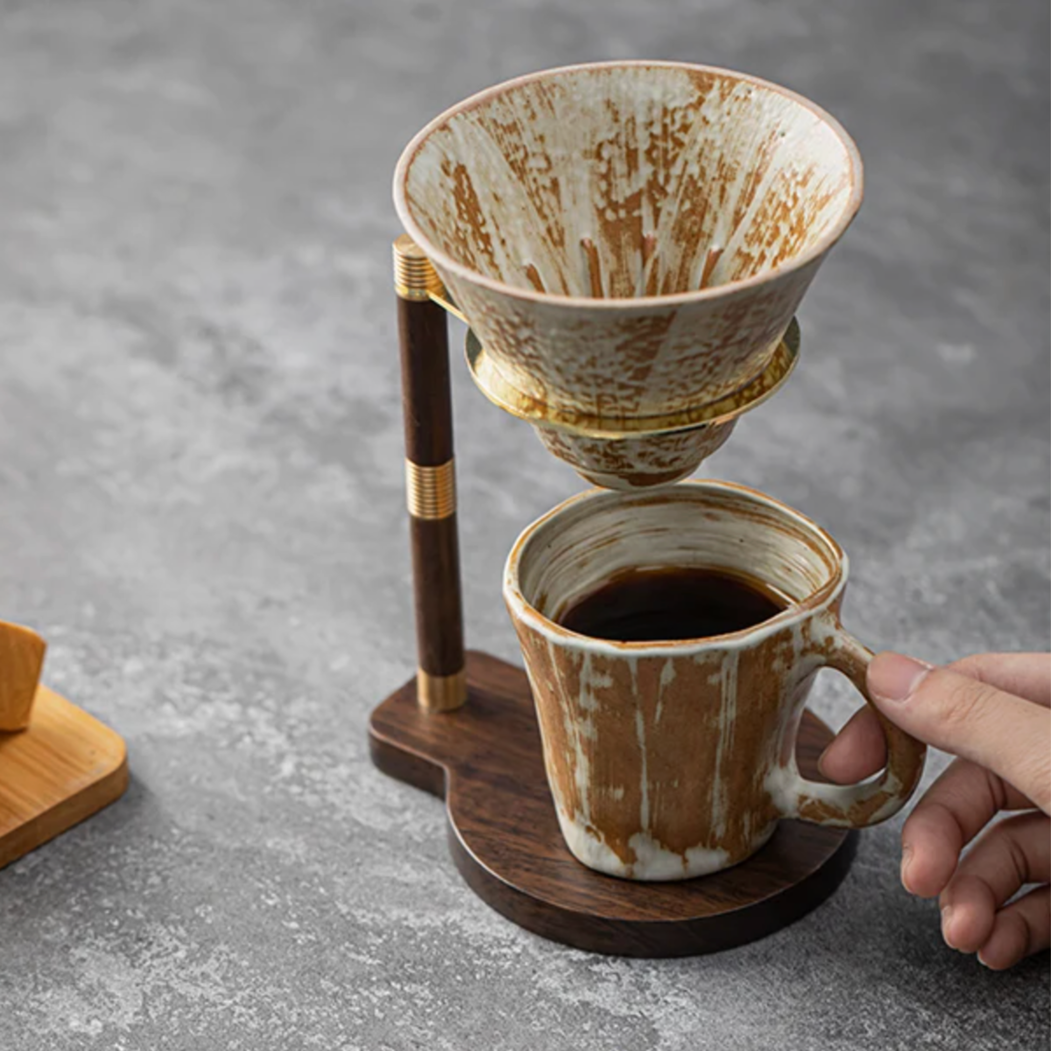Ceramic Pour-Over Coffee Dripper Set with Wood Stand, Dark wood, Sets, Drypp