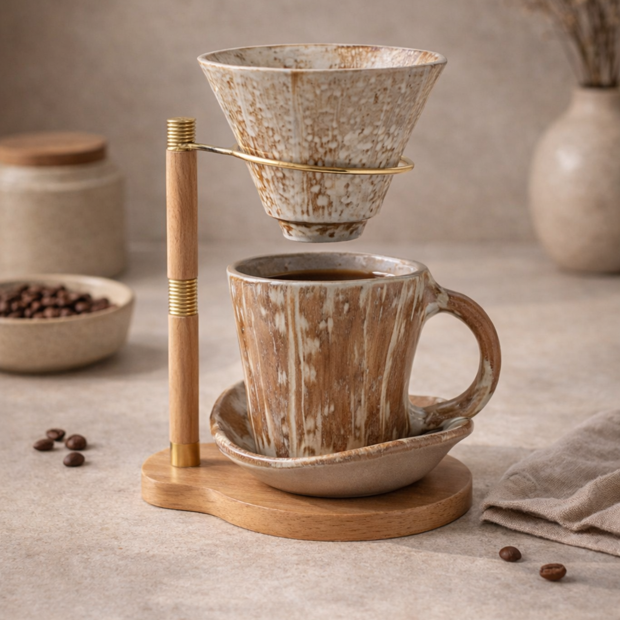 Ceramic Pour-Over Coffee Dripper Set with Wood Stand, Light, Sets, Drypp
