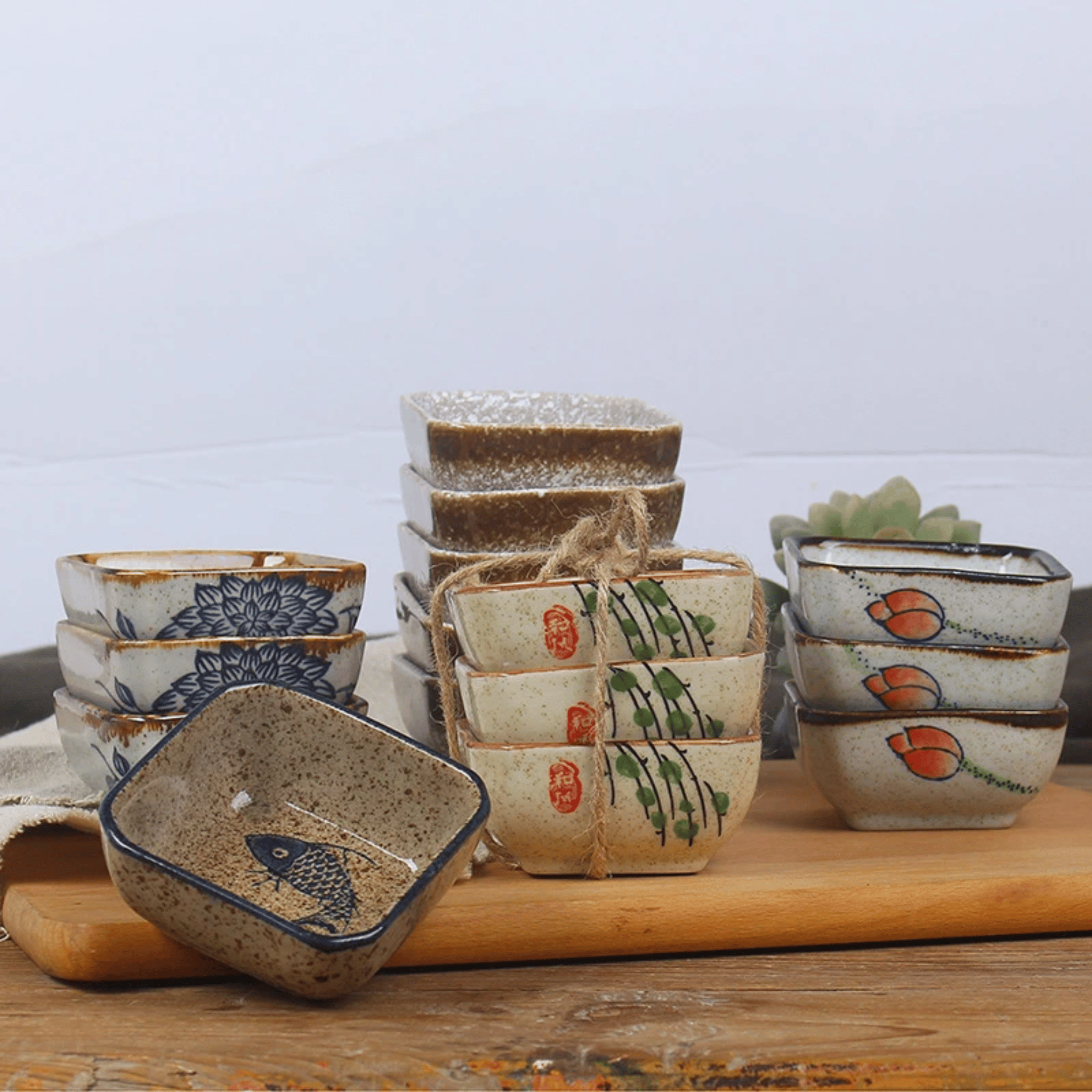 Japanese Ceramic Square Sauce Dishes Set of 4, Ramekins & Souffle, Fattil Dish