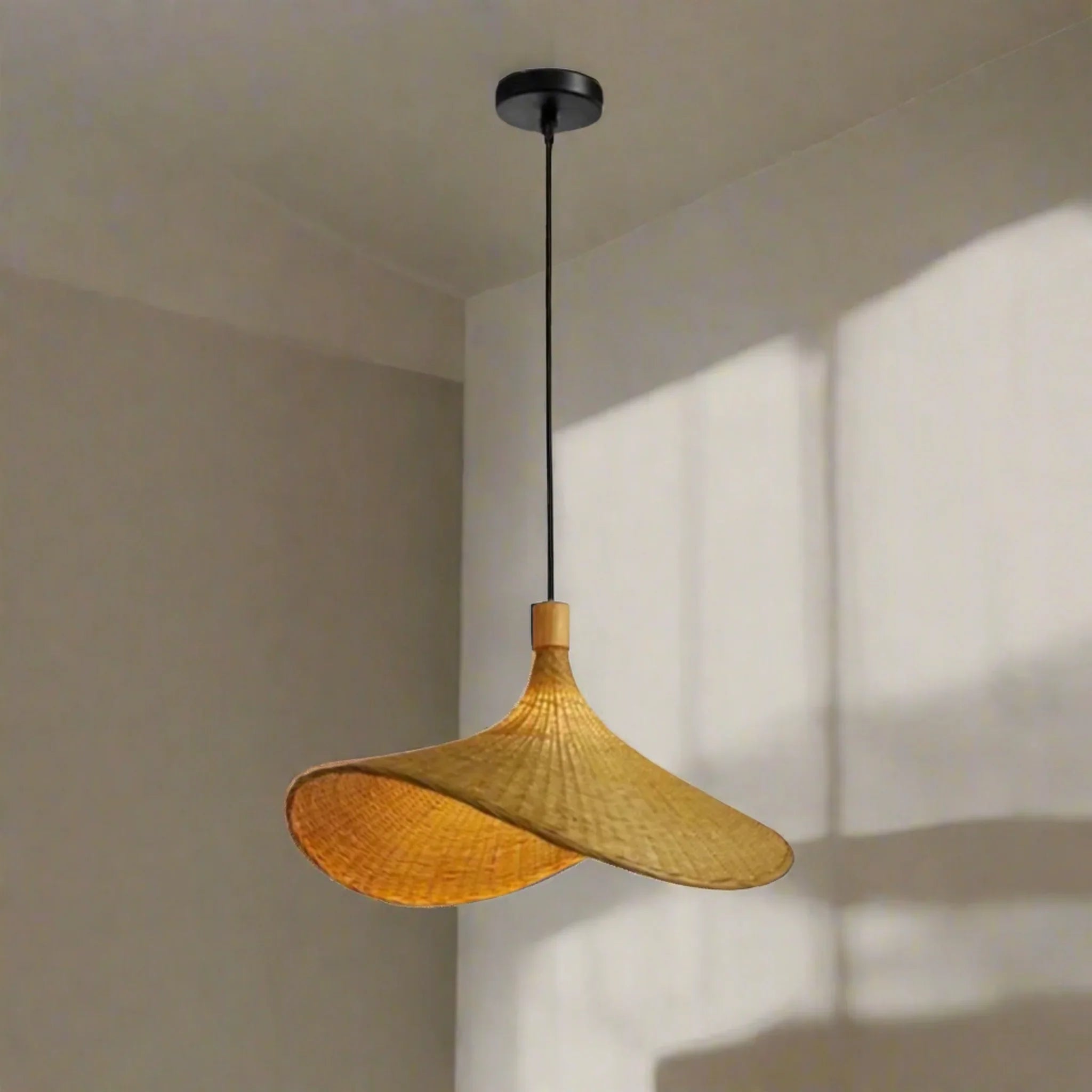 Fletta Bamboo Pendant Light Warm Ambient Glow, Black Base, Ceiling Fixtures, Hand-Woven