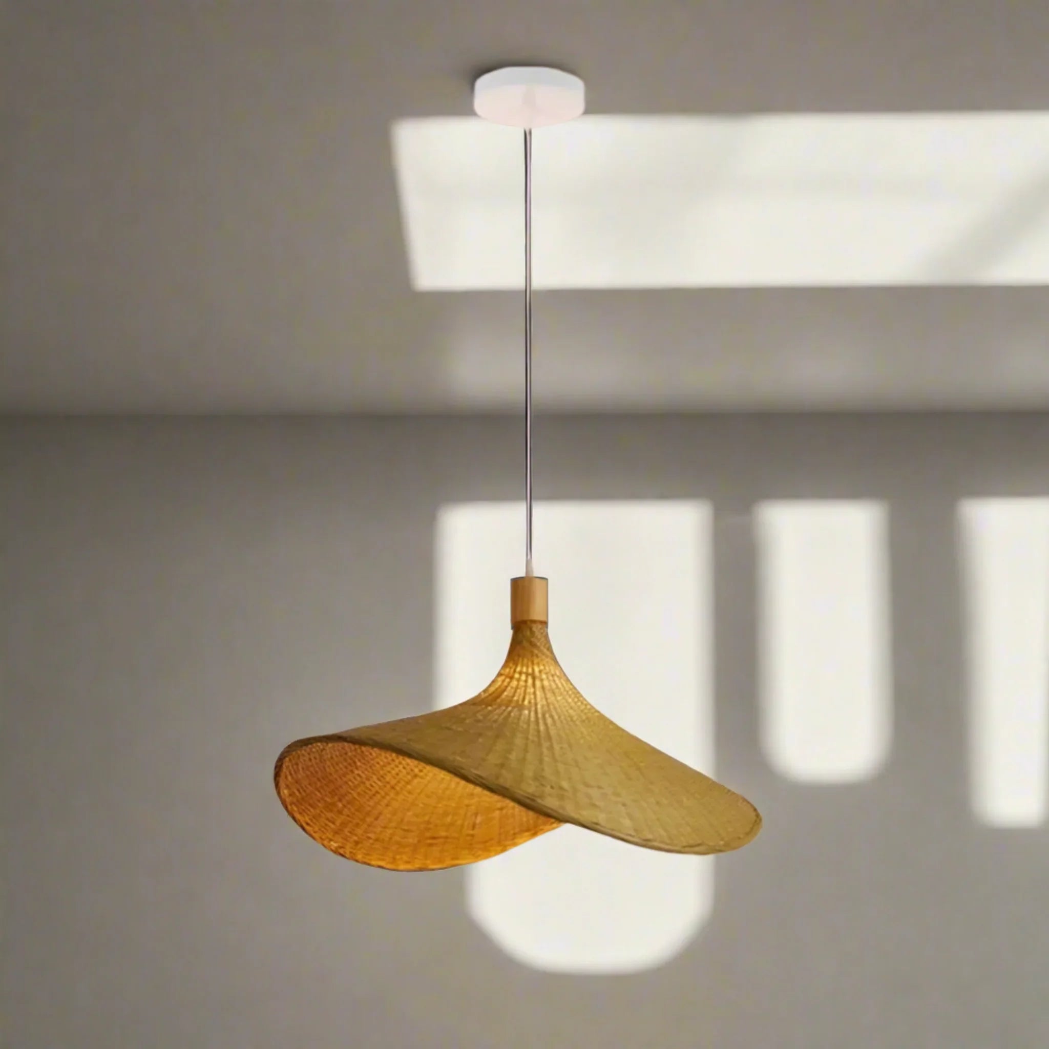 Fletta Bamboo Pendant Light Warm Ambient Glow, White Base, Ceiling Fixtures, Hand-Woven