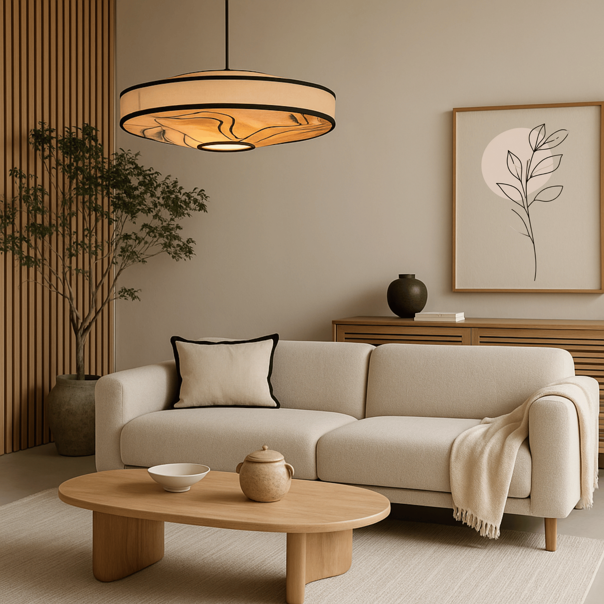 Wabi-Sabi Fabric Pendant Light - Nordic Crafted, Flat Drum, Ceiling Fixtures, Fletta Handcrafted