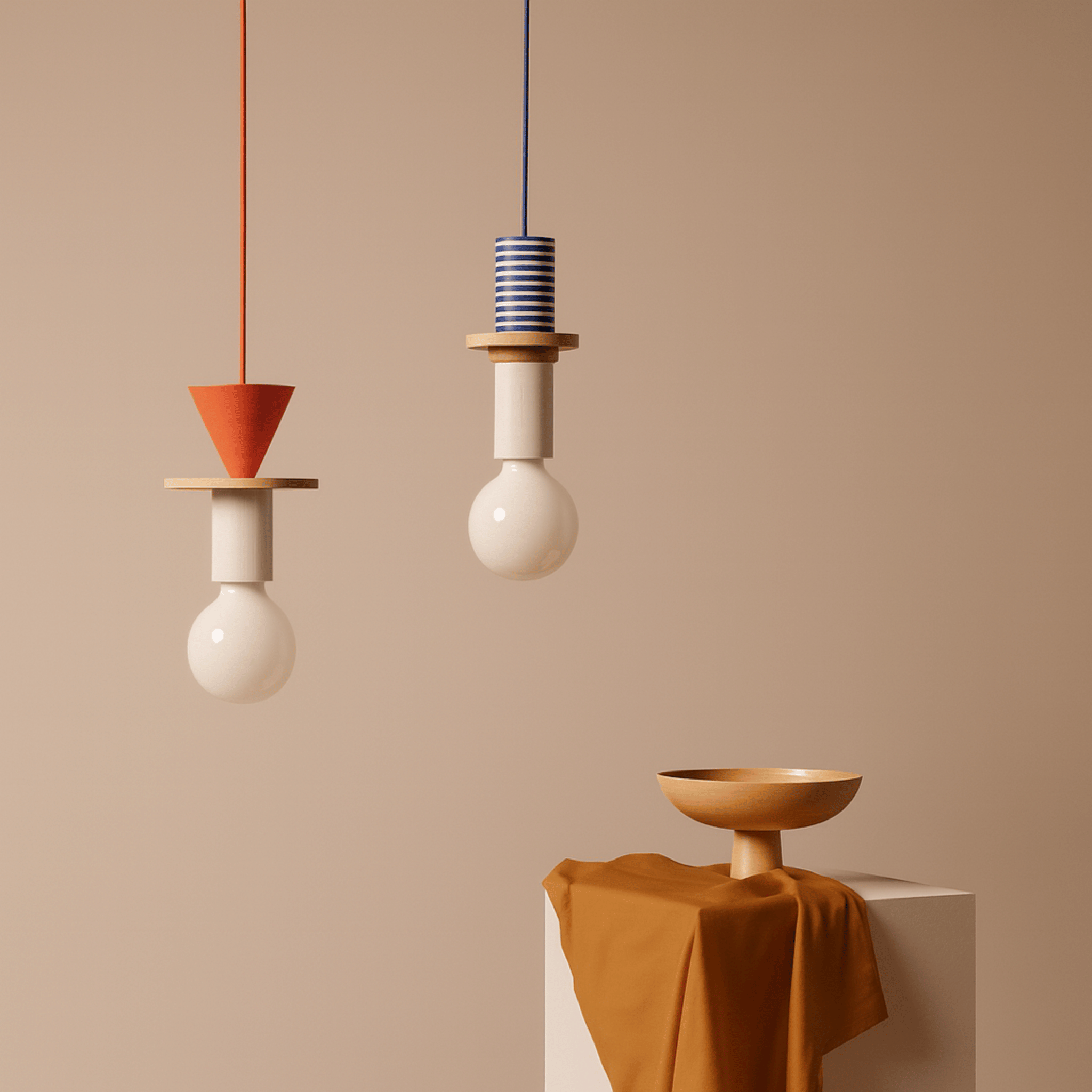 Geometric Wooden Pendant Lamp Nordic Bauhaus Style, Ceiling Light Fixtures, Formvy Wood and Iron