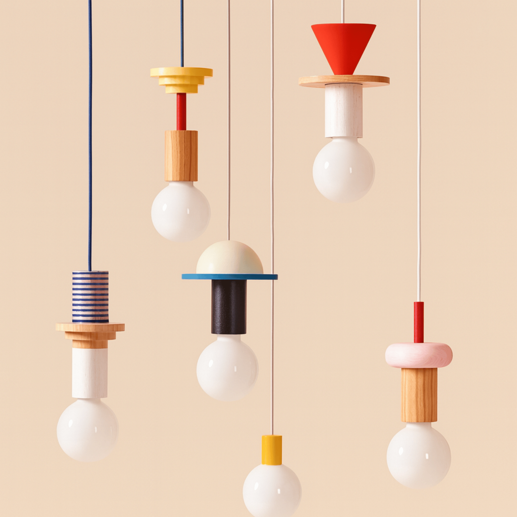 Geometric Wooden Pendant Lamp Nordic Bauhaus Style, Lumen, Ceiling Light Fixtures, Formvy Wood and Iron