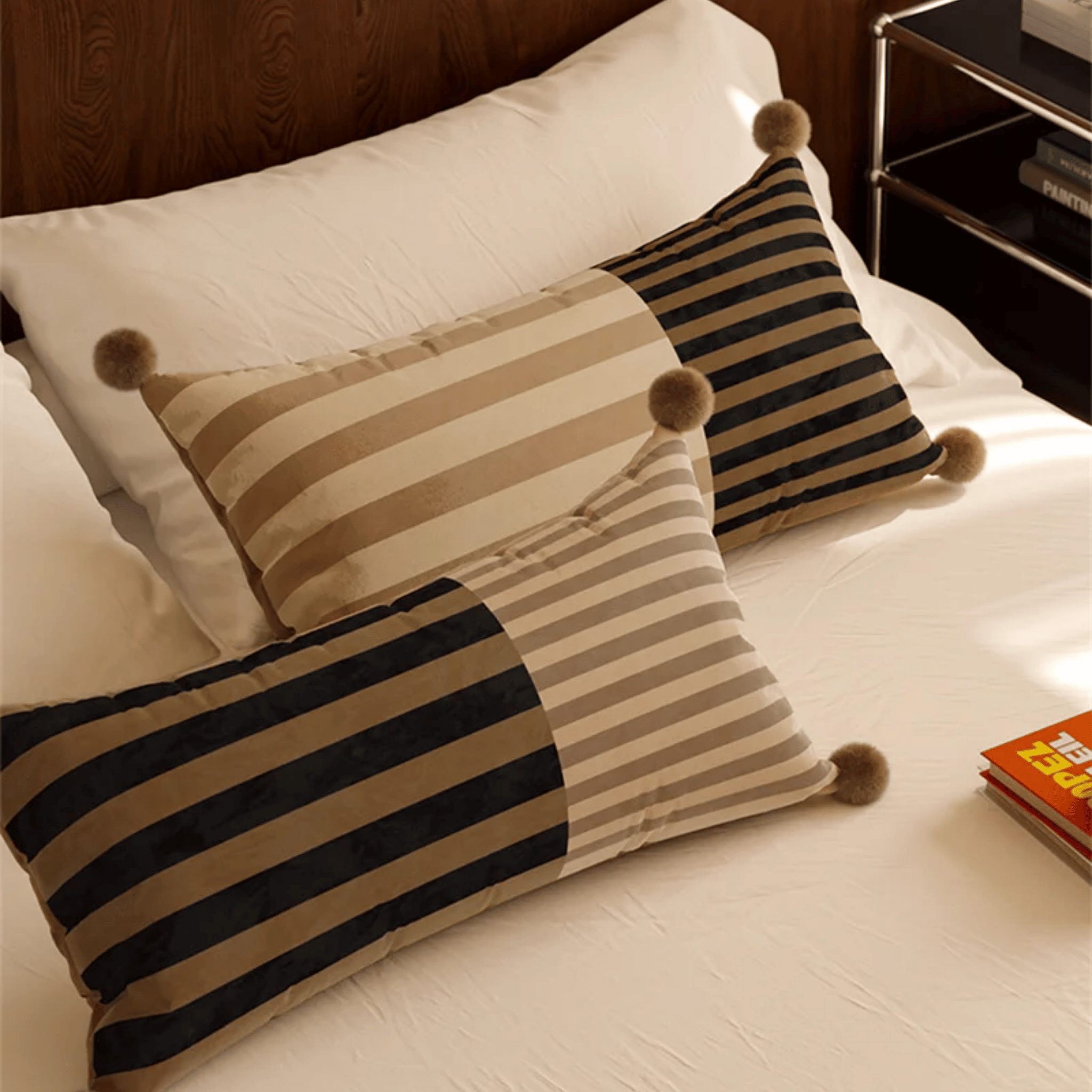 Velvet Pom Striped Pillowcase by Skonne, Throw Pillows, Frilla Decorative Bolster Pillow