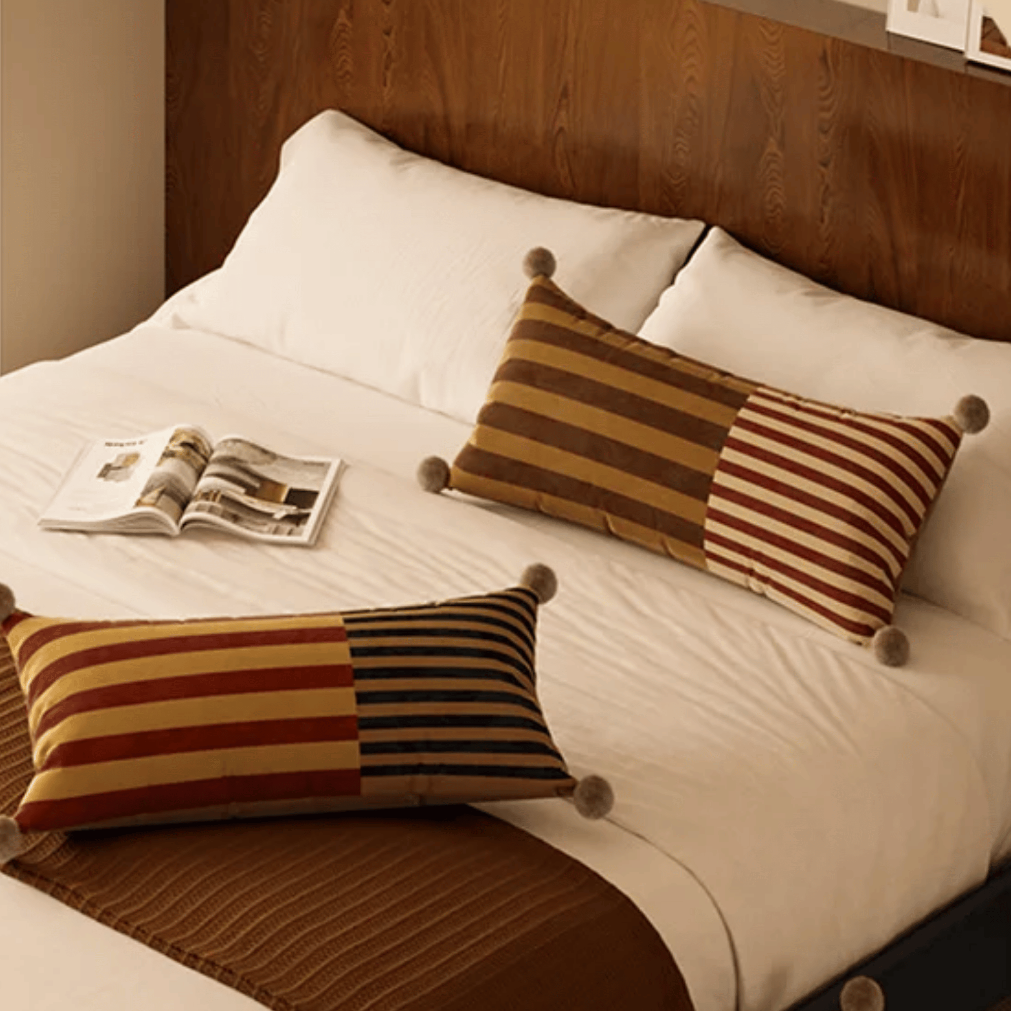 Velvet Pom Striped Pillowcase by Skonne, Throw Pillows, Frilla Decorative Bolster Pillow