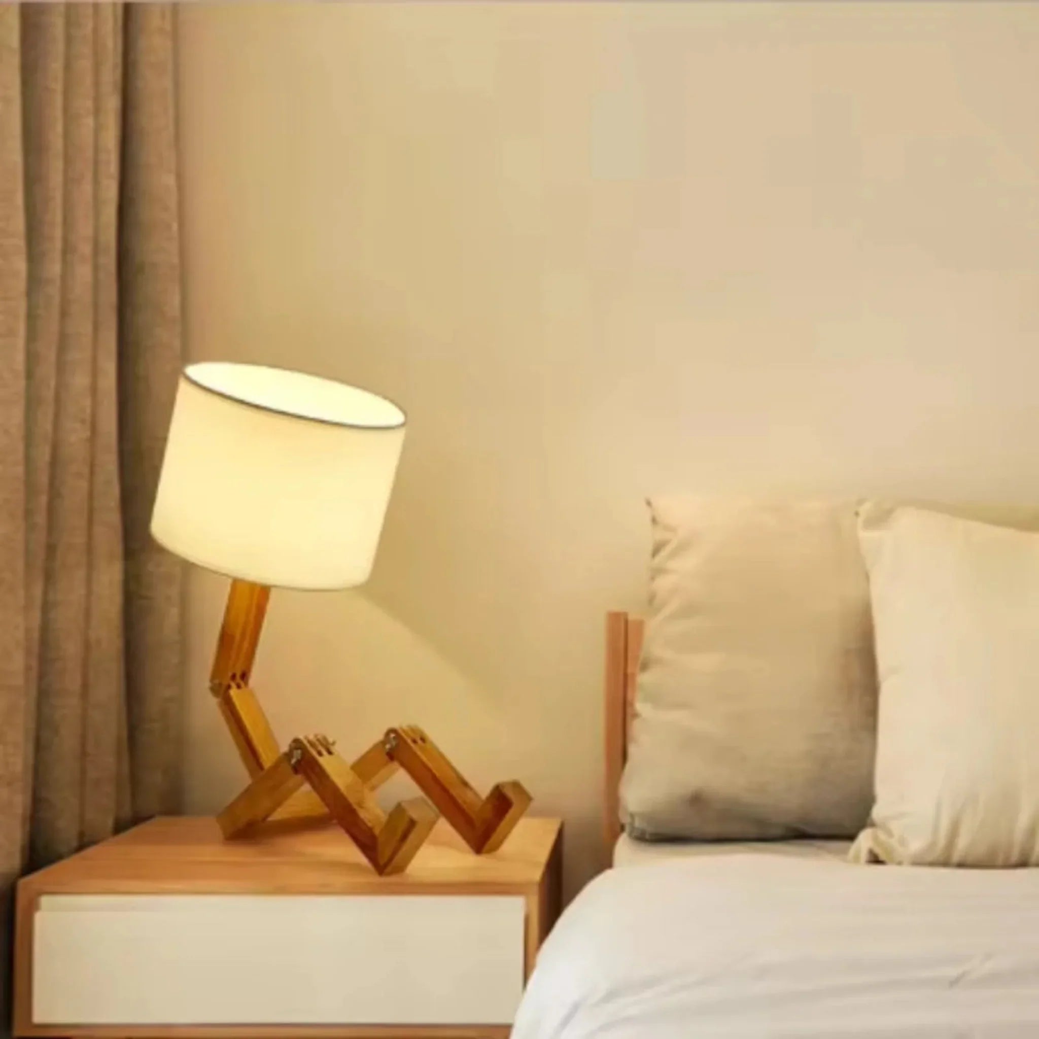 Glodbot Nordic Wooden Robot Table Lamp Warm Light, Desk Lamps, Handcrafted Solid Wood