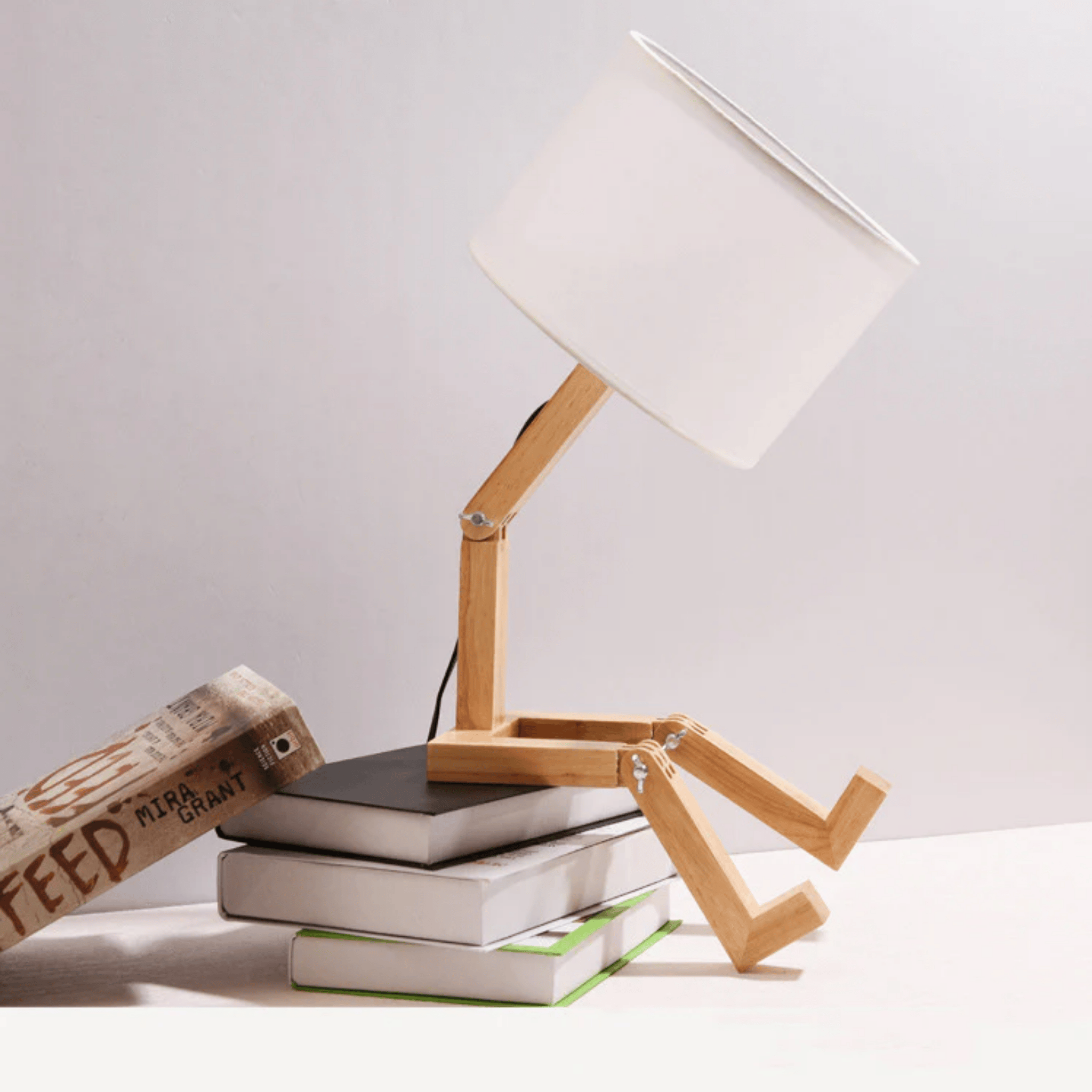 Glodbot Nordic Wooden Robot Table Lamp Warm Light, Desk Lamps, Handcrafted Solid Wood