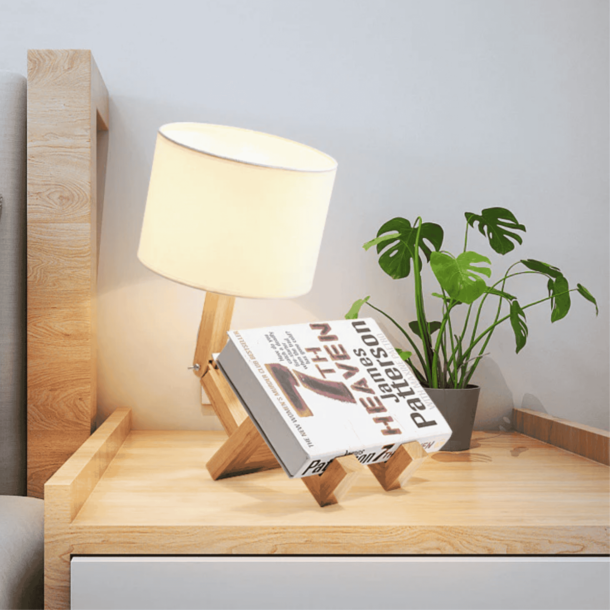 Glodbot Nordic Wooden Robot Table Lamp Warm Light, Desk Lamps, Handcrafted Solid Wood