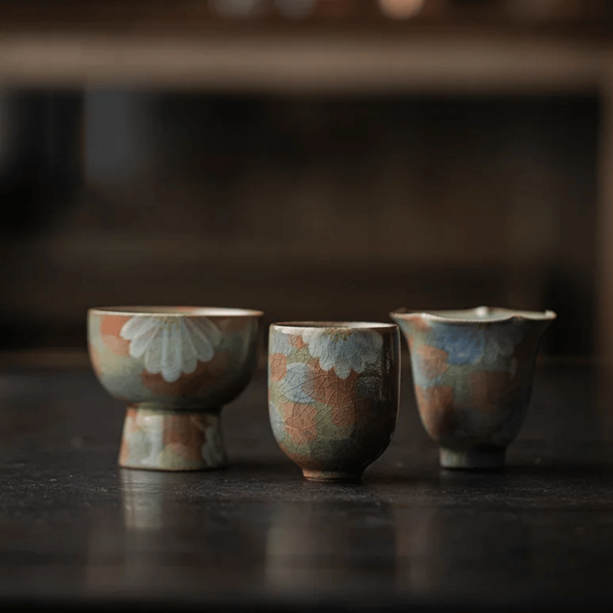 Glödra Artisan Ceramic Teacup Set for Tea Rituals, Drinkware Sets, Hand-Painted Wabi-Sabi