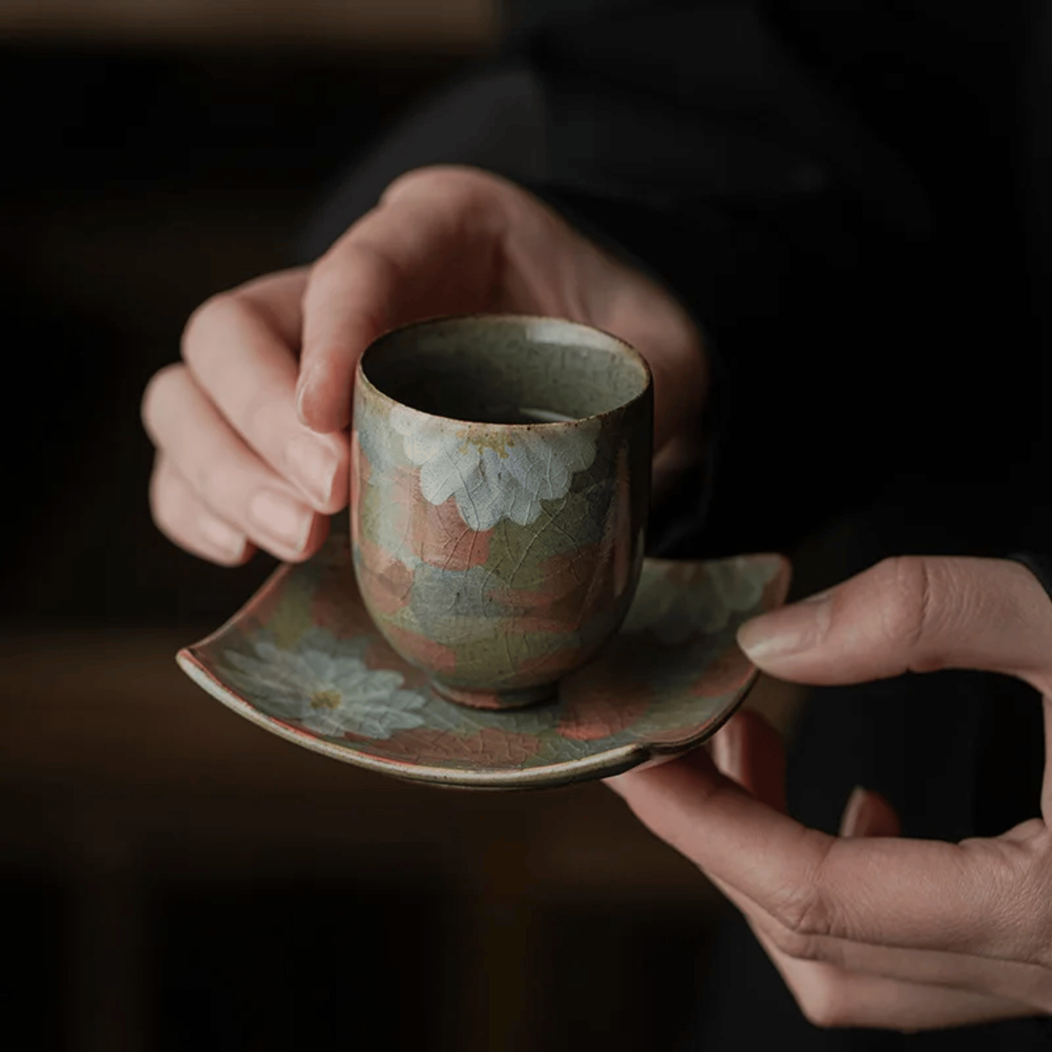 Glödra Artisan Ceramic Teacup Set for Tea Rituals, Drinkware Sets, Hand-Painted Wabi-Sabi