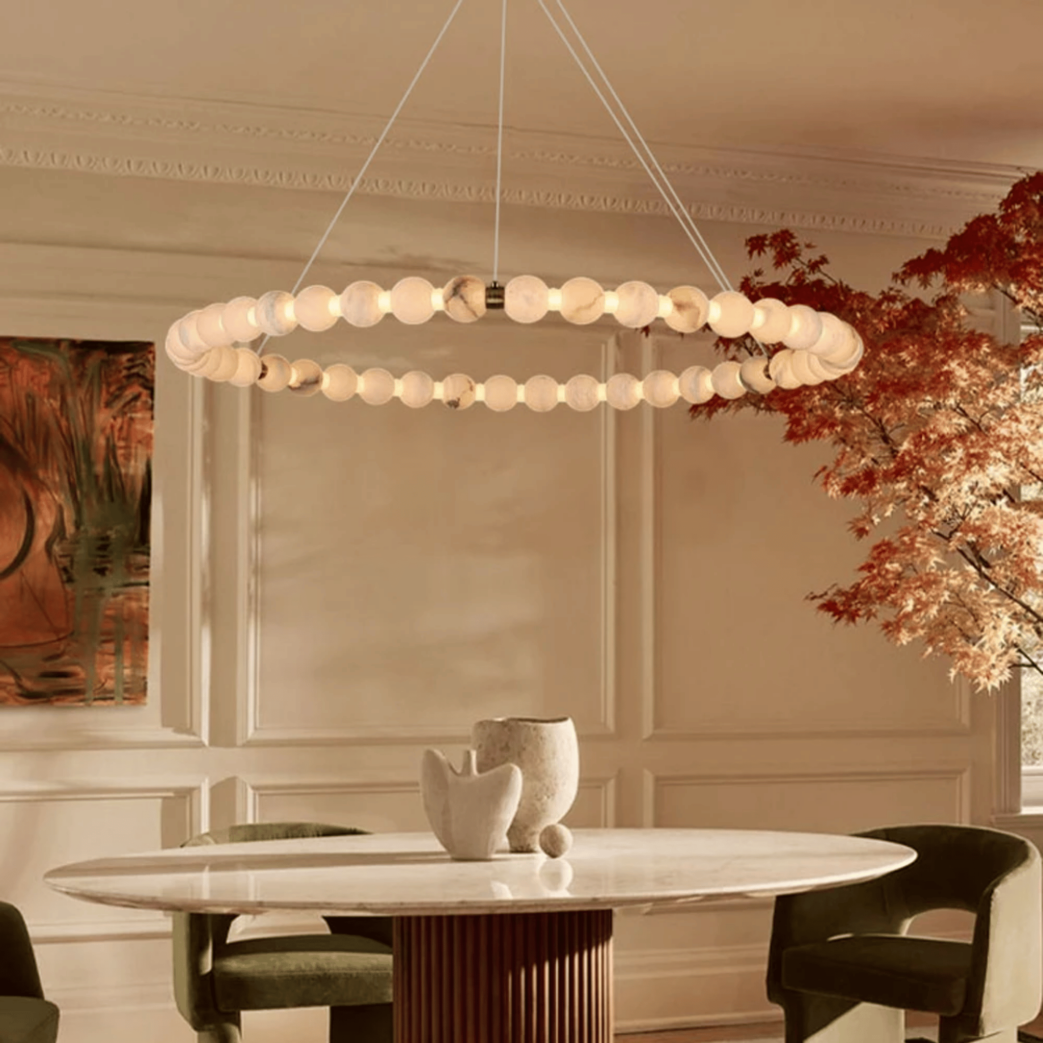 Glorin Alabaster Marble Halo Chandelier for Dining, Ceiling Light Fixtures, Ring