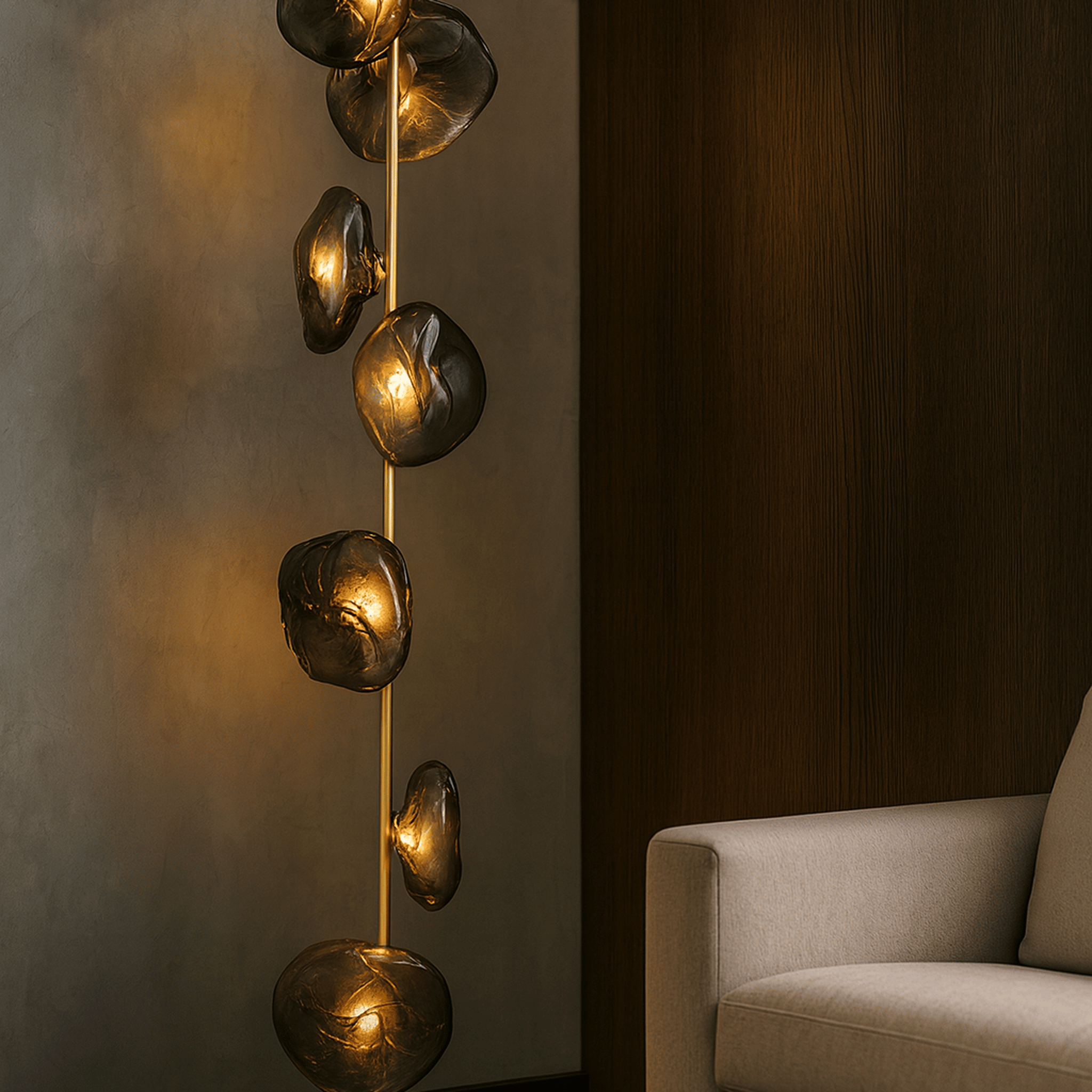 Glovar Artistic Glass Floor Lamp – Warm LED Light, Gold & Smoky Grey, Lamps, Sculptural for Living Room