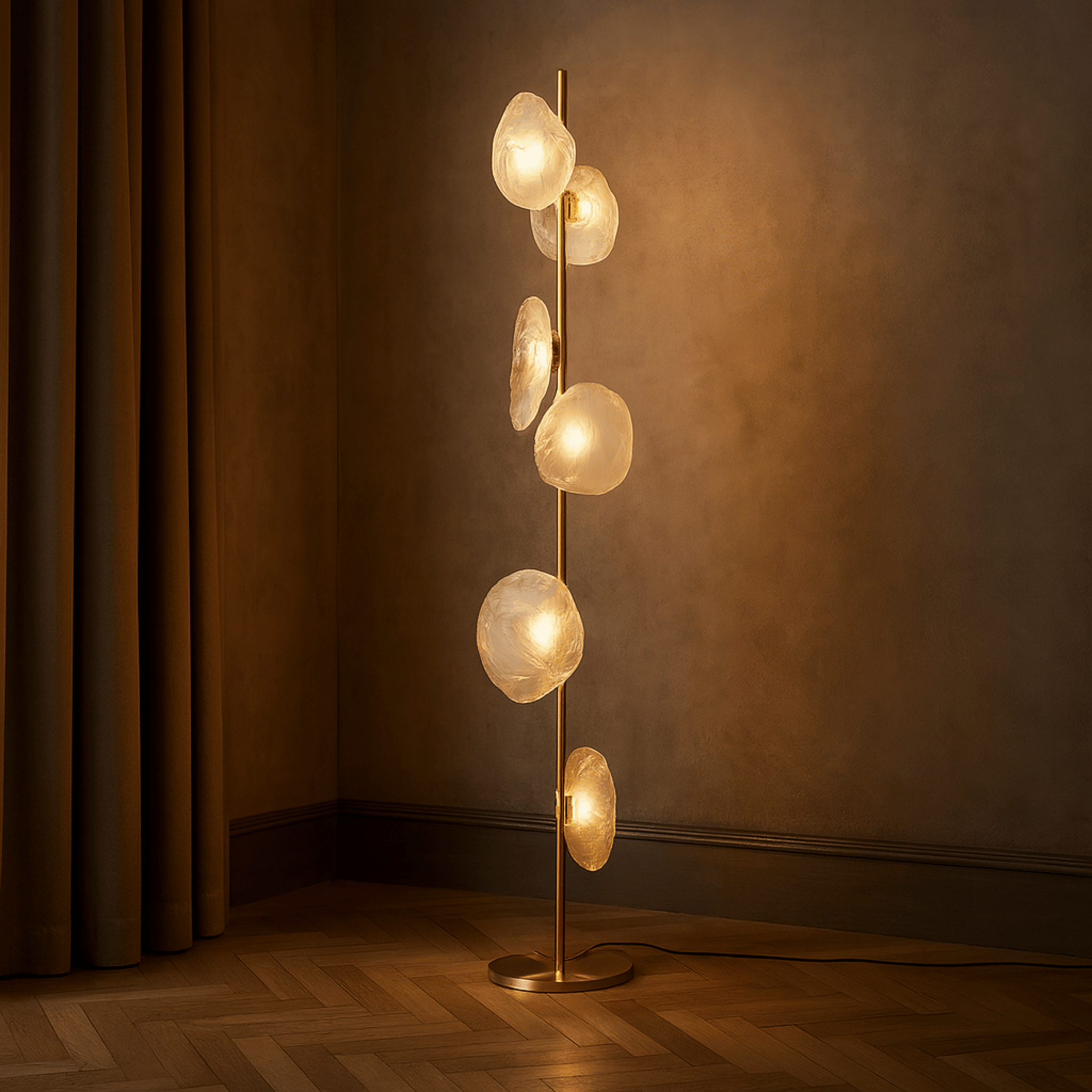 Glovar Artistic Glass Floor Lamp – Warm LED Light, Gold & Transparent, Lamps, Sculptural for Living Room