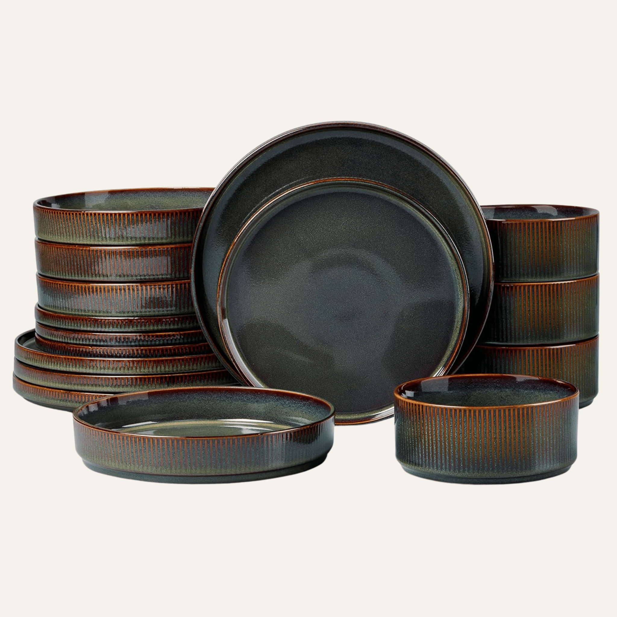 Ribbed Green Stoneware Dinnerware Set for 4 People, Sets, Grondal