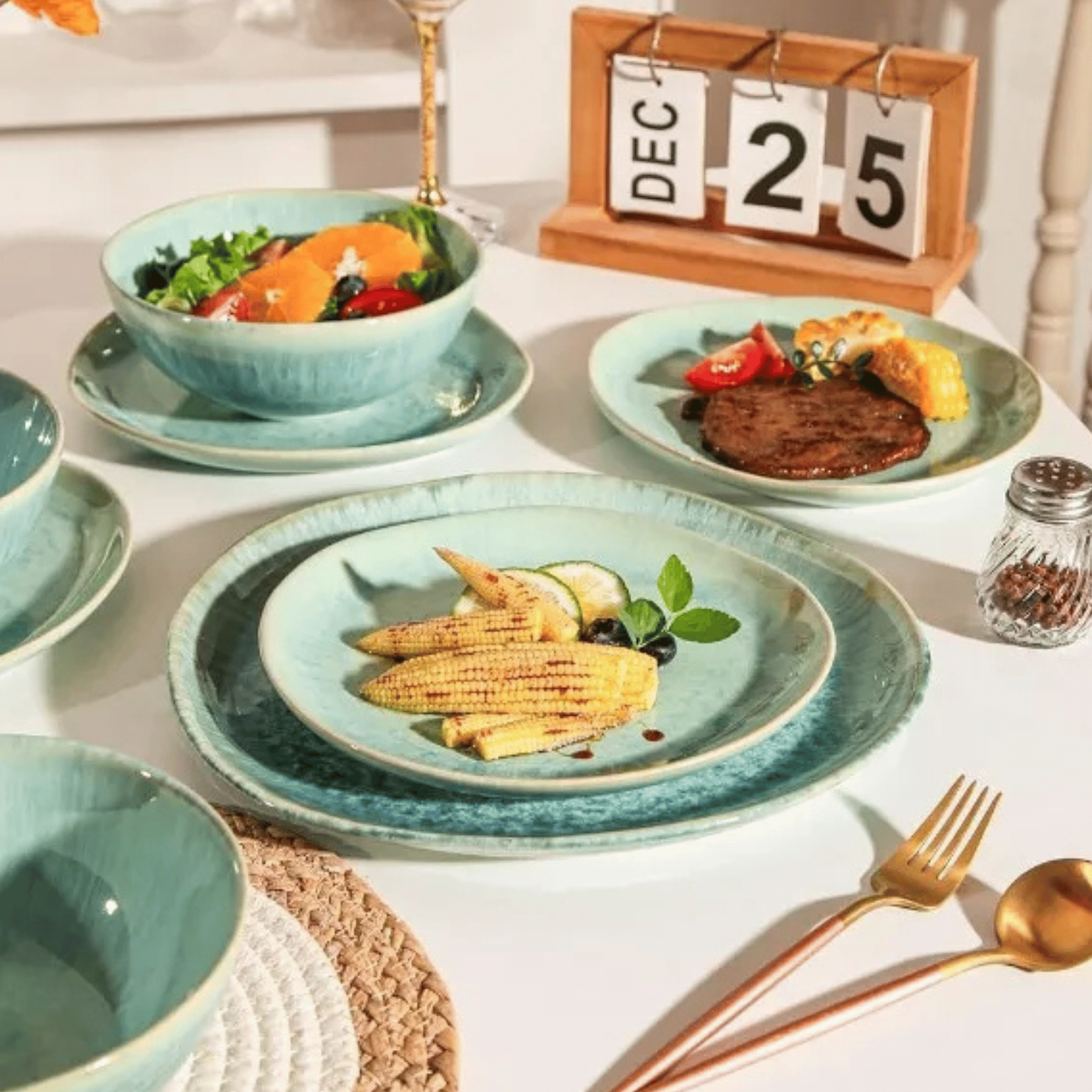 Havblå 12-Piece Aqua Ceramic Dinnerware Set for 4, Sets, Glazed