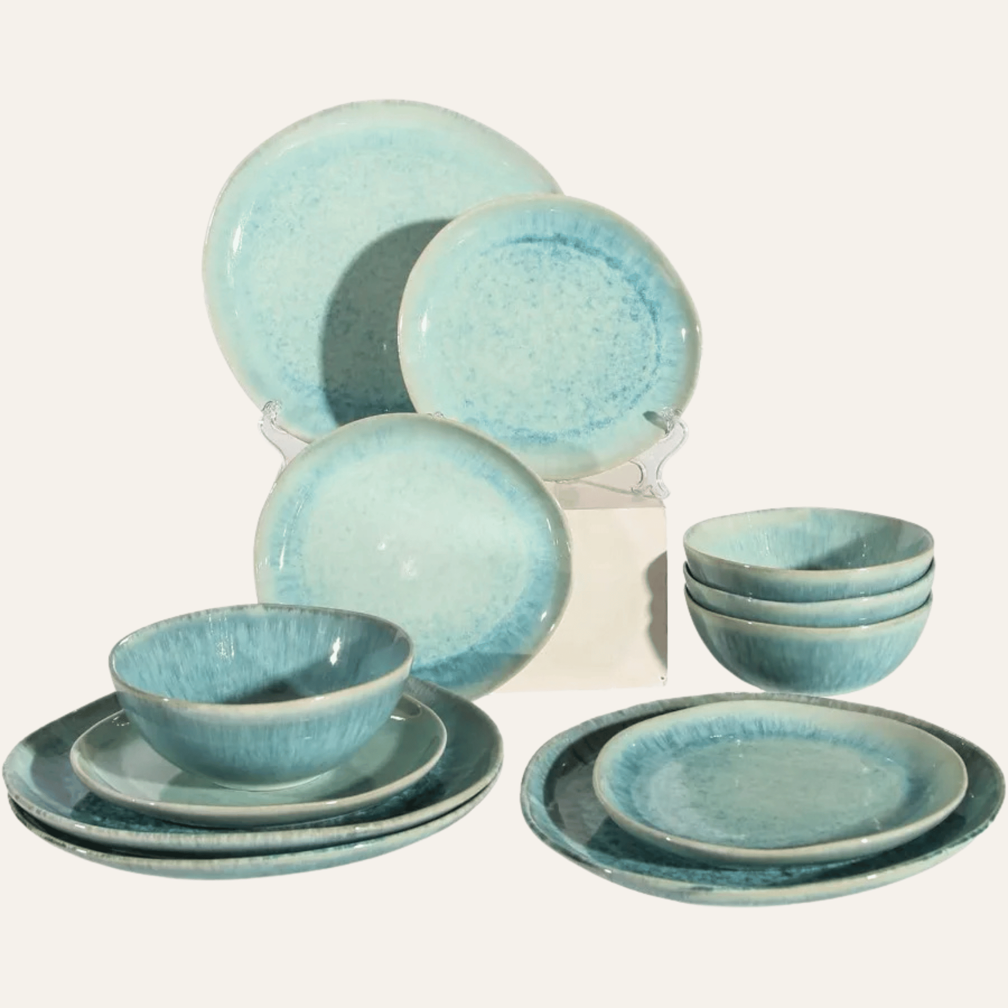 Havblå 12-Piece Aqua Ceramic Dinnerware Set for 4, Sets, Glazed
