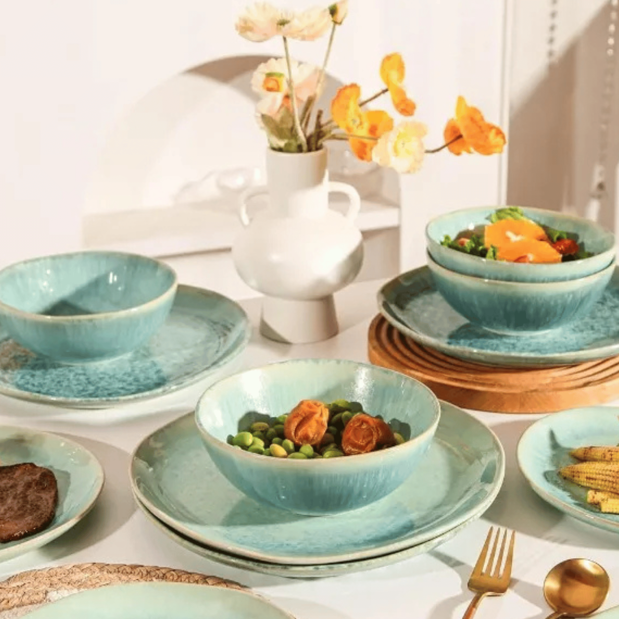 Havblå 12-Piece Aqua Ceramic Dinnerware Set for 4, Sets, Glazed