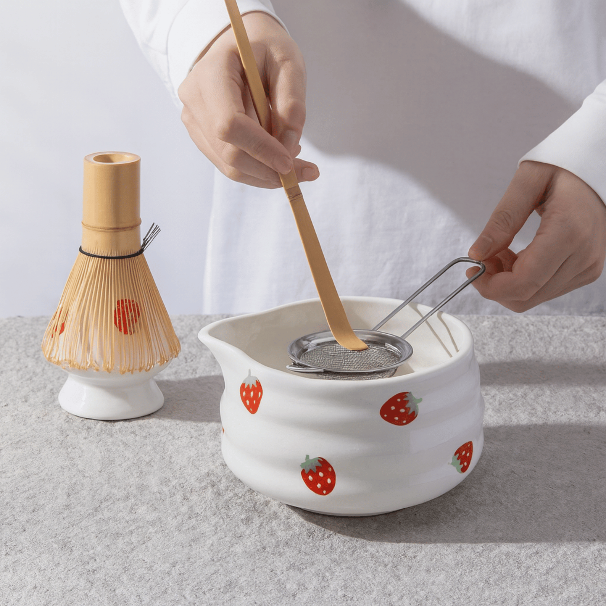 Ceramic Strawberry Matcha Bowl and Whisk Set Gift, Tea Sets, Jorba