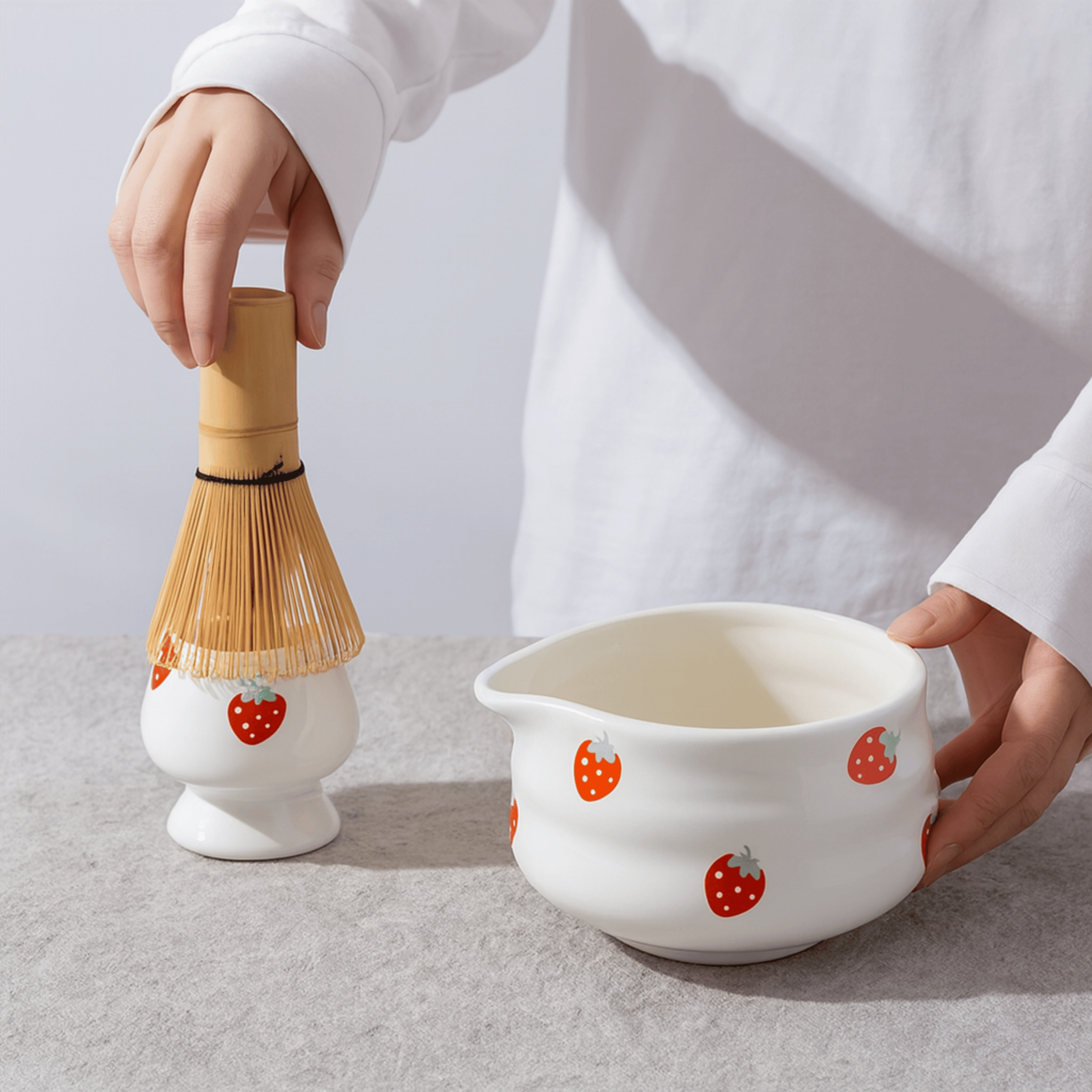 Ceramic Strawberry Matcha Bowl and Whisk Set Gift, Tea Sets, Jorba