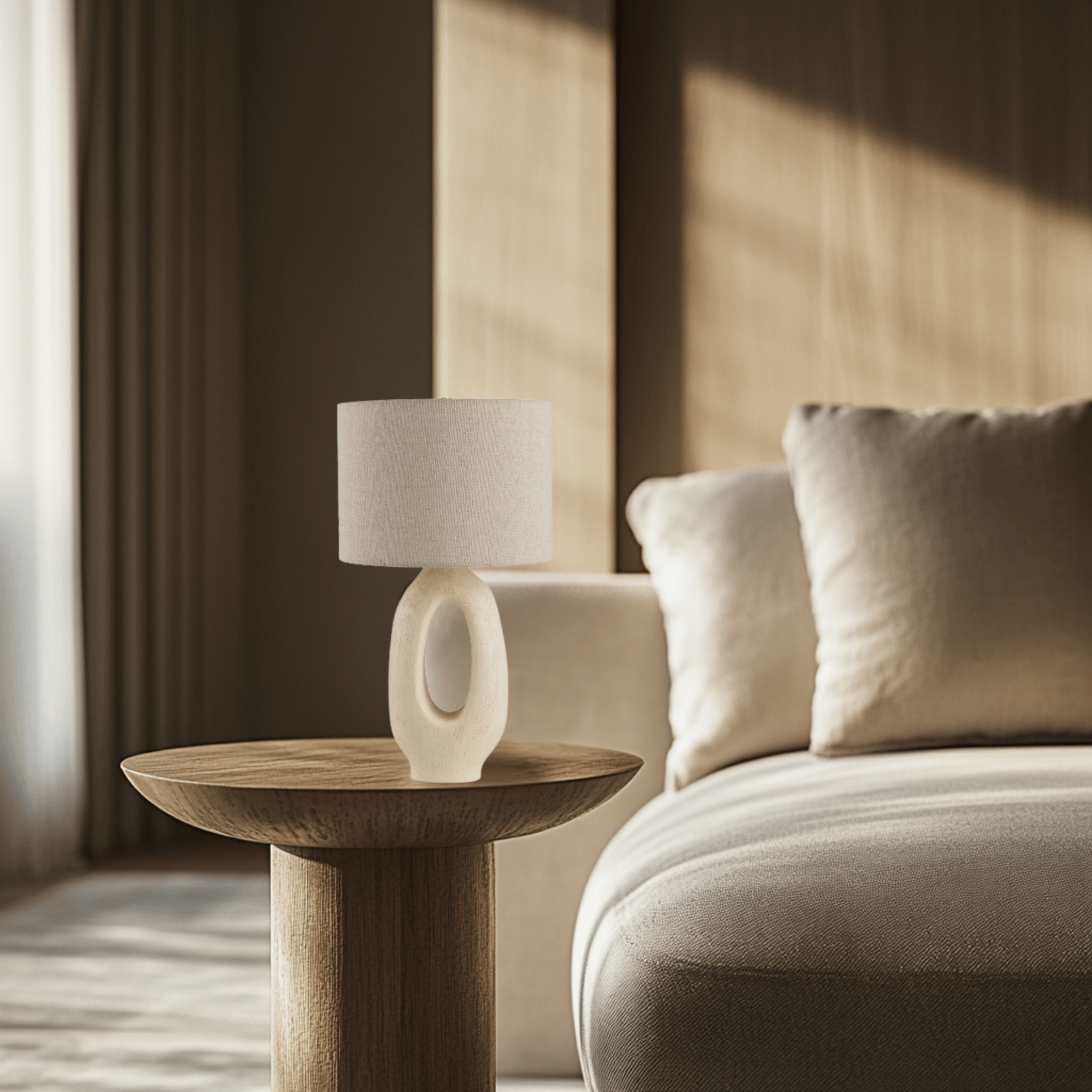 Kvela Resin Table Lamp with Linen Shade, Lamps, Sculptural Nordic Glow