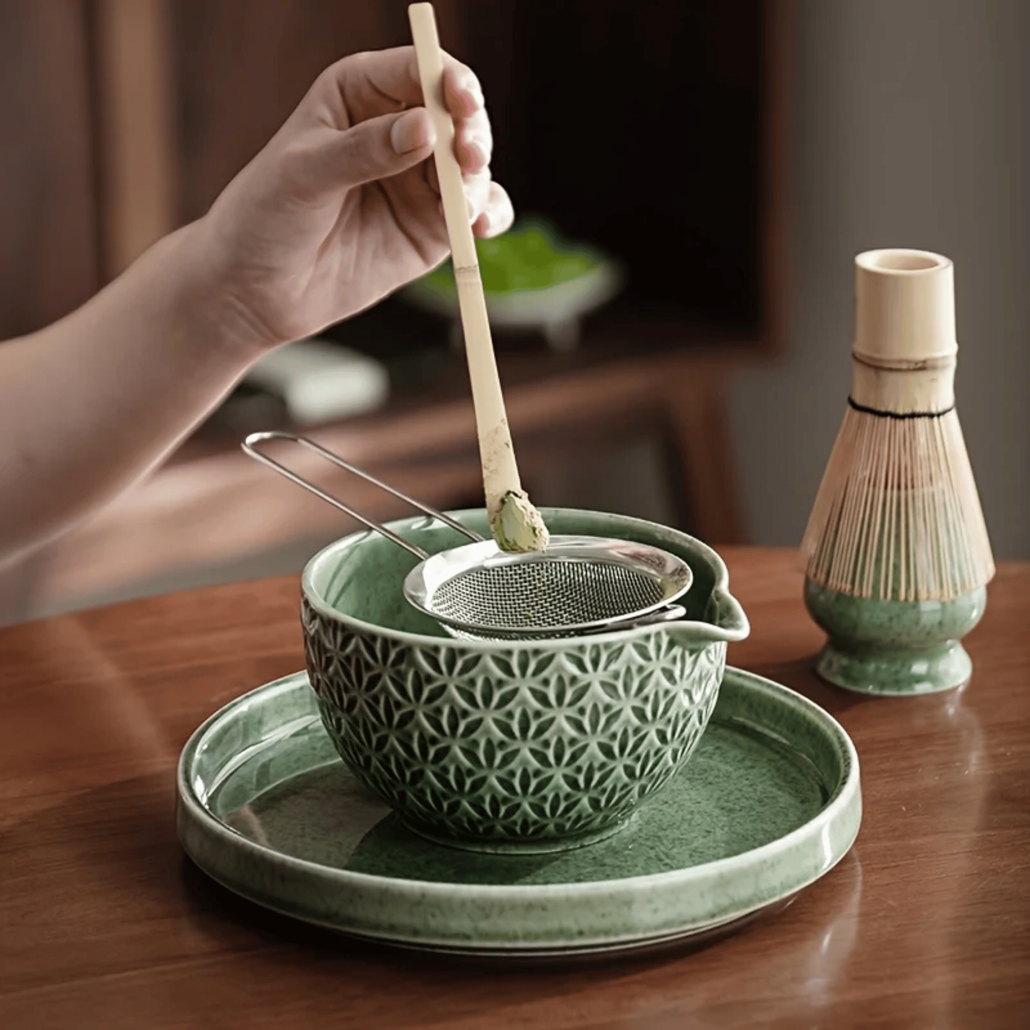 Japanese Ceramic Matcha Tea Set with Bamboo Whisk, Leaf Pattern 6 PCS, Sets, Kveld Tools