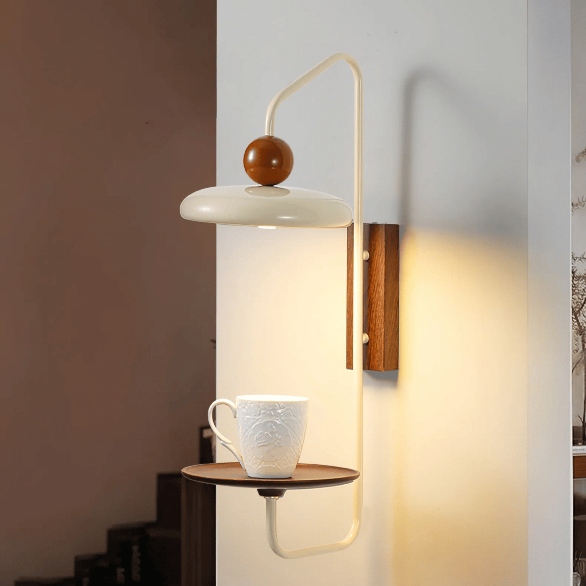 Modern White Wall Light with Dark Wood Base Sconce, Fixtures, Kveldra
