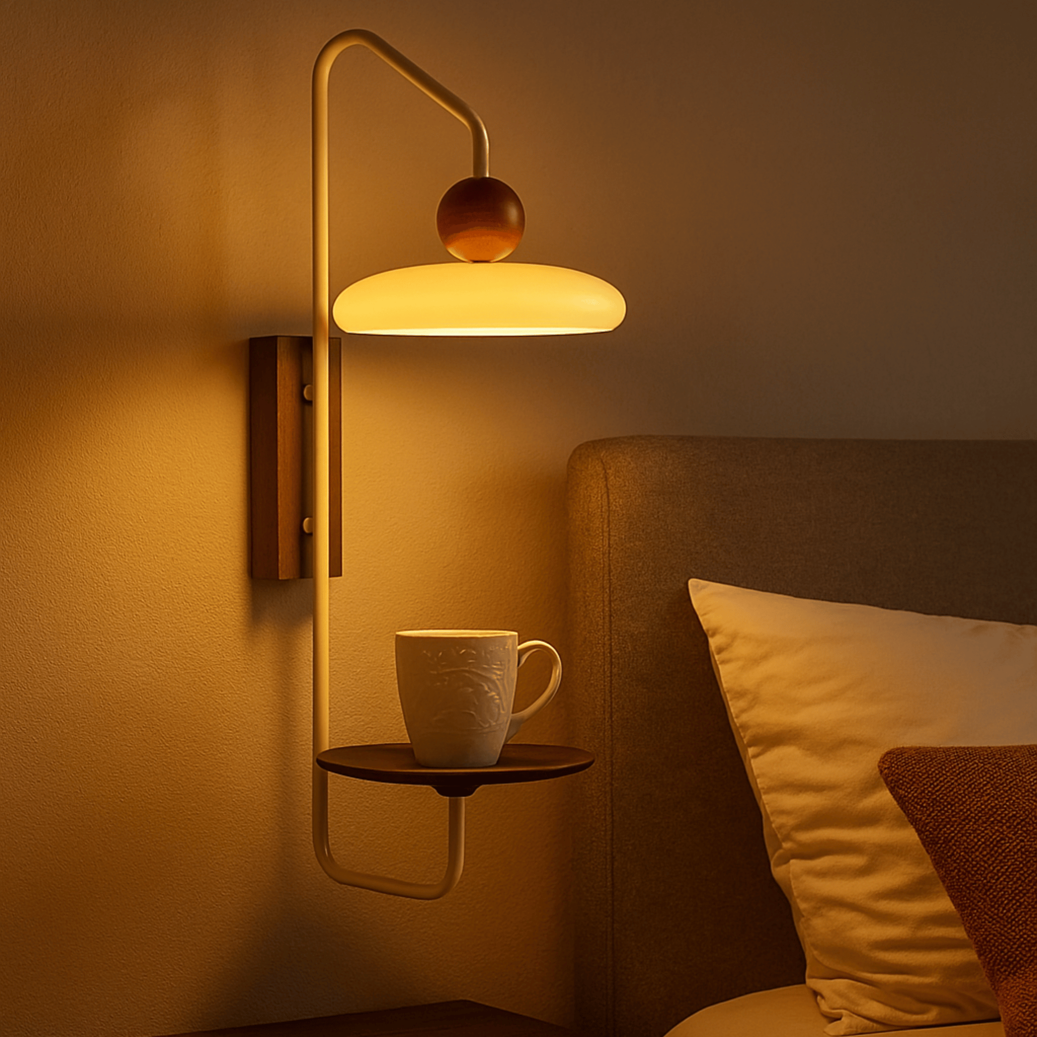 Modern White Wall Light with Dark Wood Base Sconce, Fixtures, Kveldra