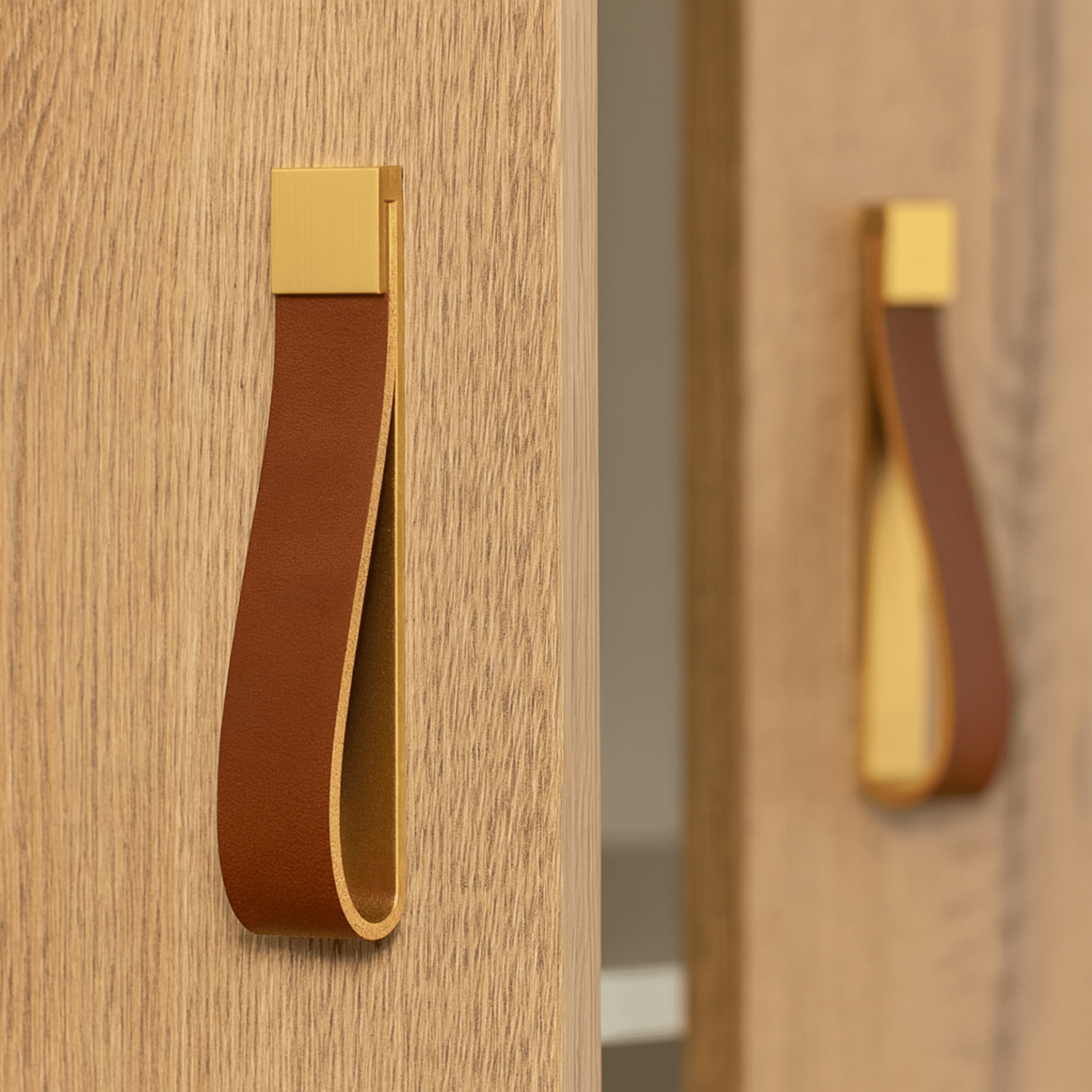 Leather Brass Cabinet Handles and Knobs — Skonne, Medium Gold & Brown Pull, Lærka