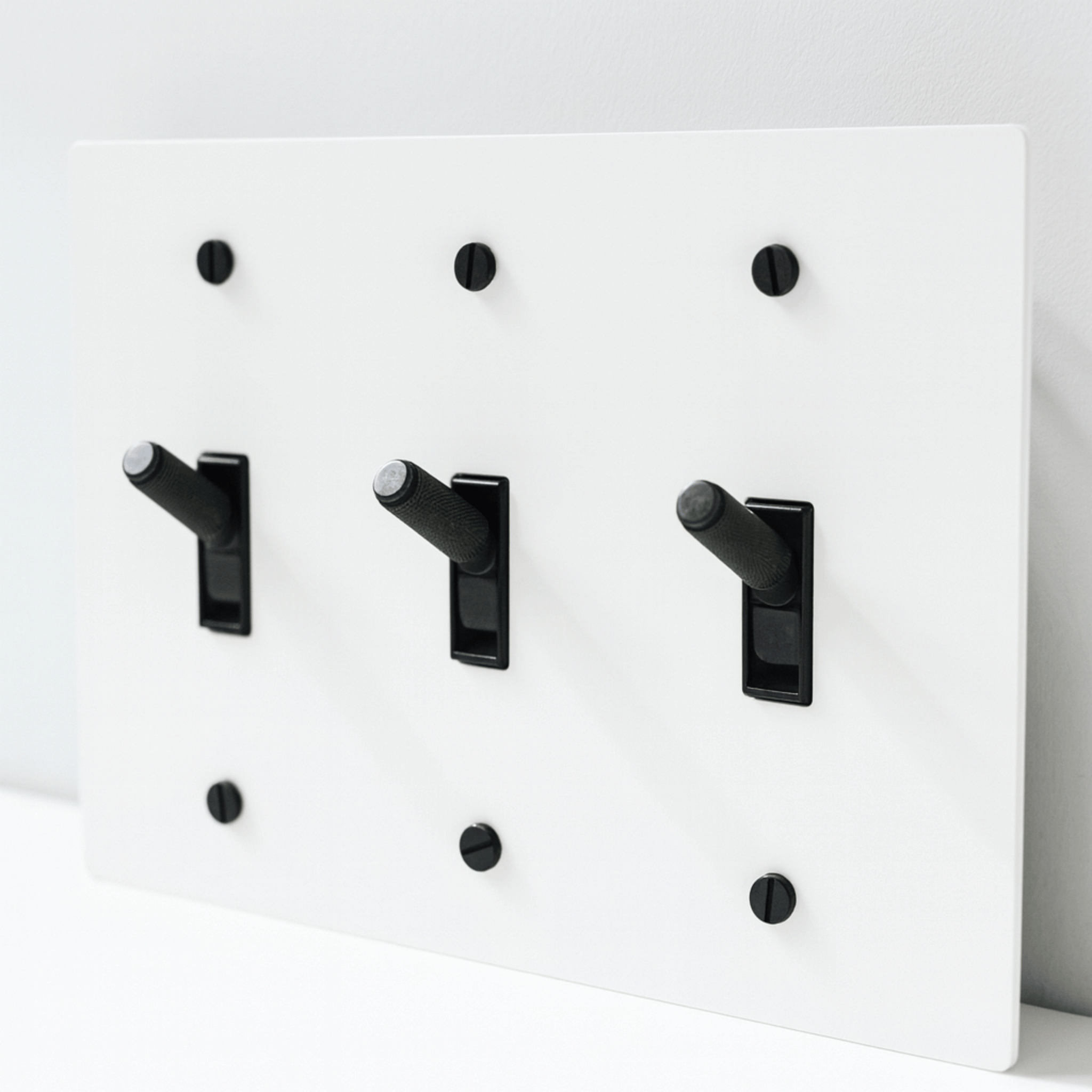 Designer White Brass Toggle Switch Panel by Skonne, 3TOGGLE, Single-Pole Switches, Lysvakt UL Certified