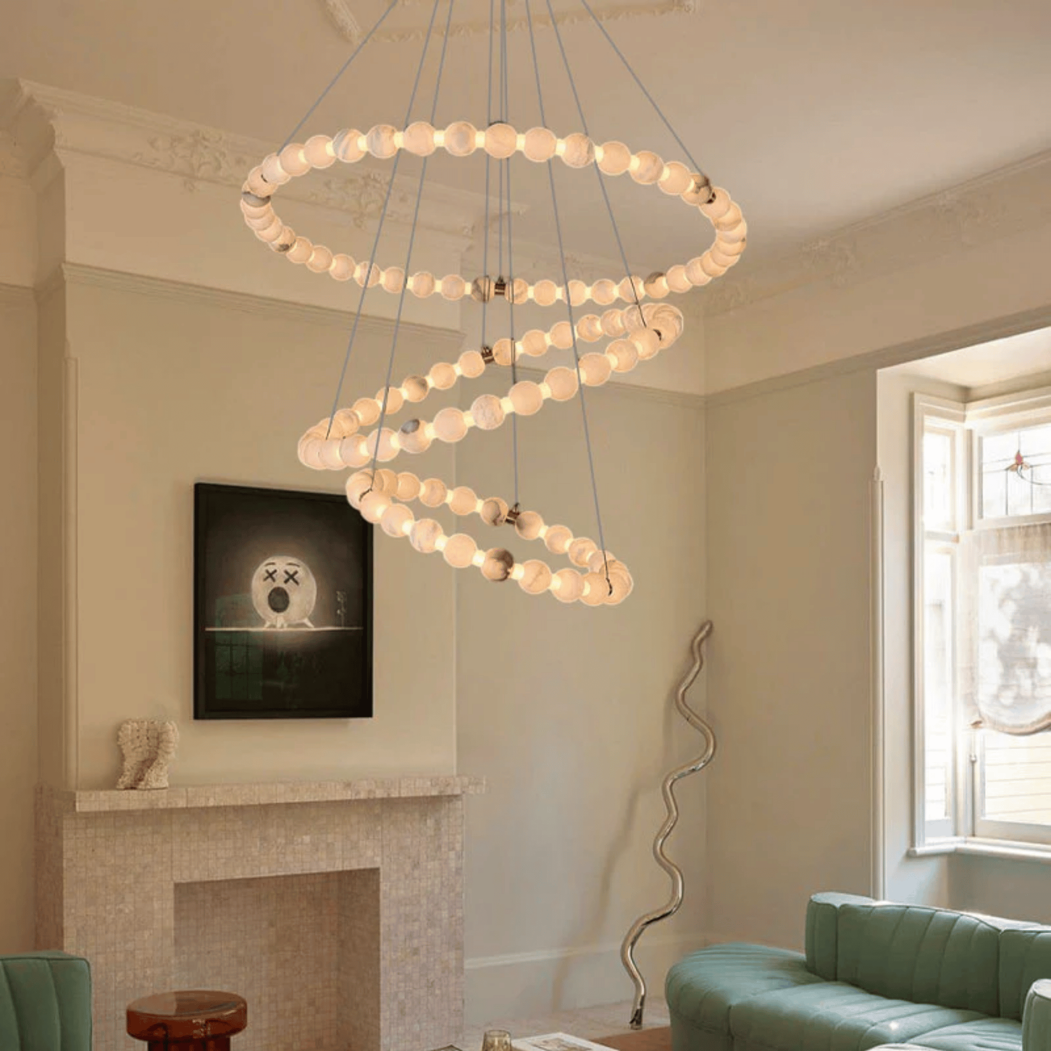 Spiral Marble Ball LED Chandelier for High Ceilings, Ceiling Light Fixtures, Marglød Sculptural