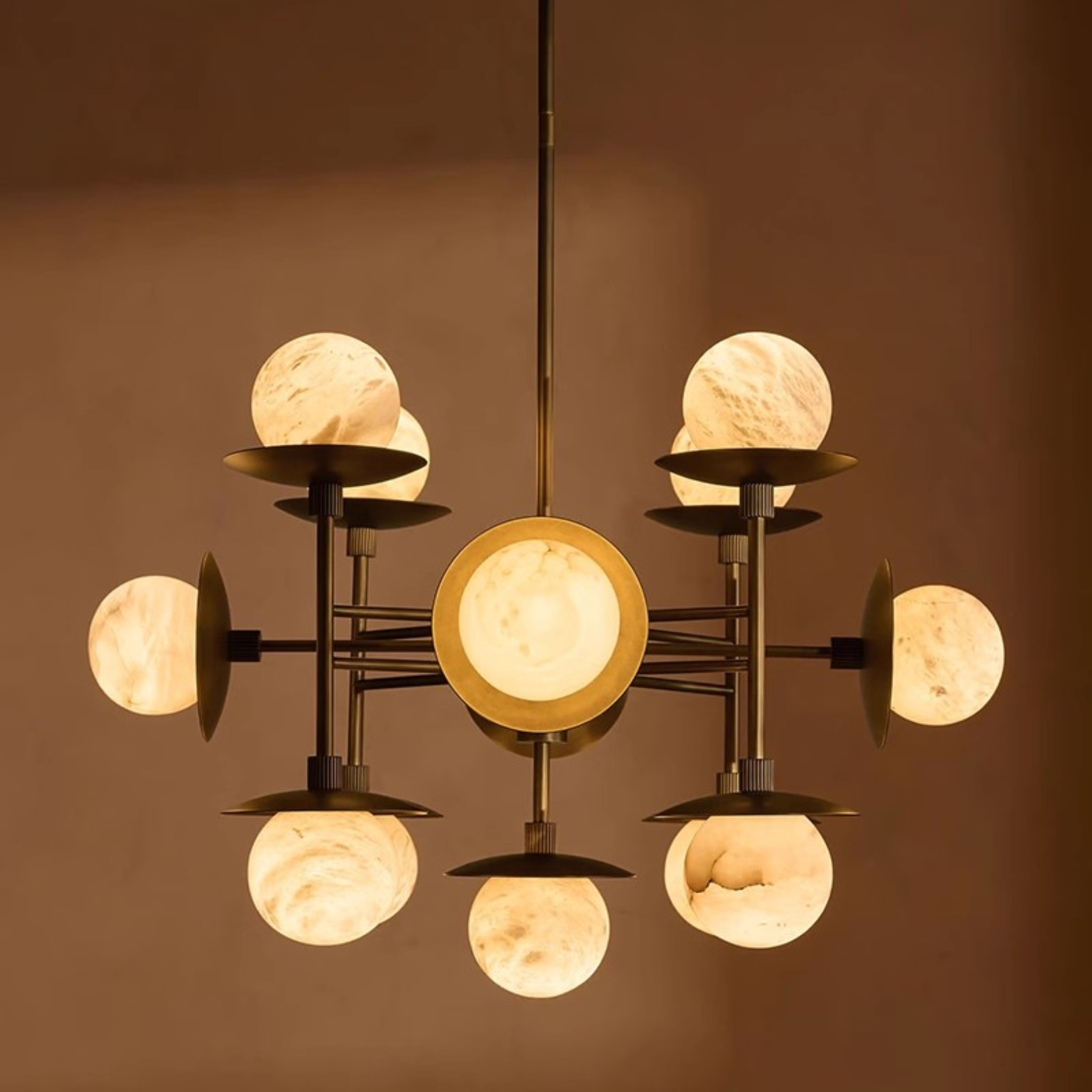 Marble Globe Chandelier 13 Lights with Brass Frame, Chandeliers, Marmora 13-Light Natural
