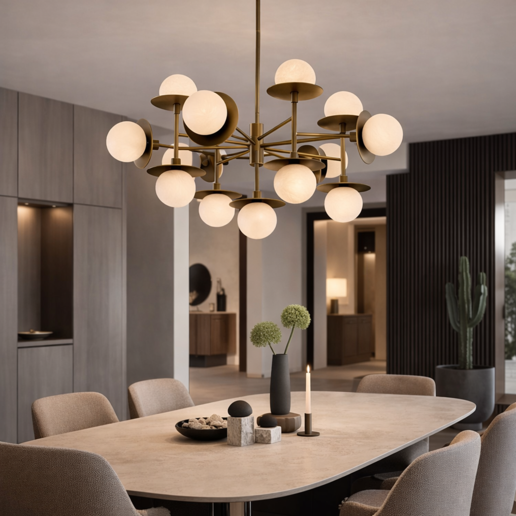 Marble Globe Chandelier 13 Lights with Brass Frame, Chandeliers, Marmora 13-Light Natural