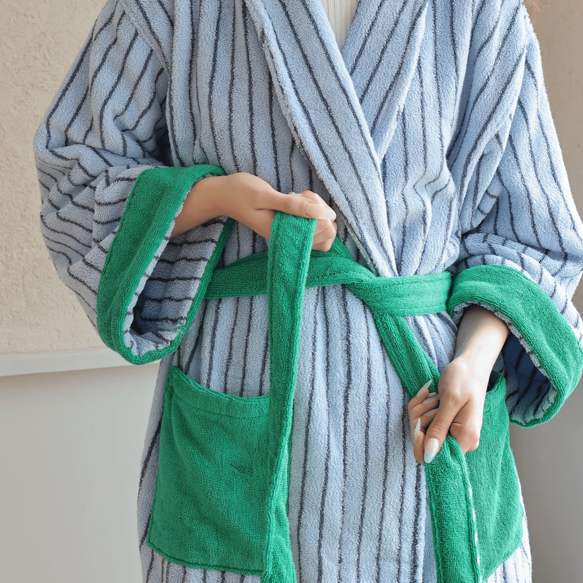 Myrka Organic Cotton Striped Spa Bathrobe | Skonne, Blue & Green, Robes, Jacquard Stripe
