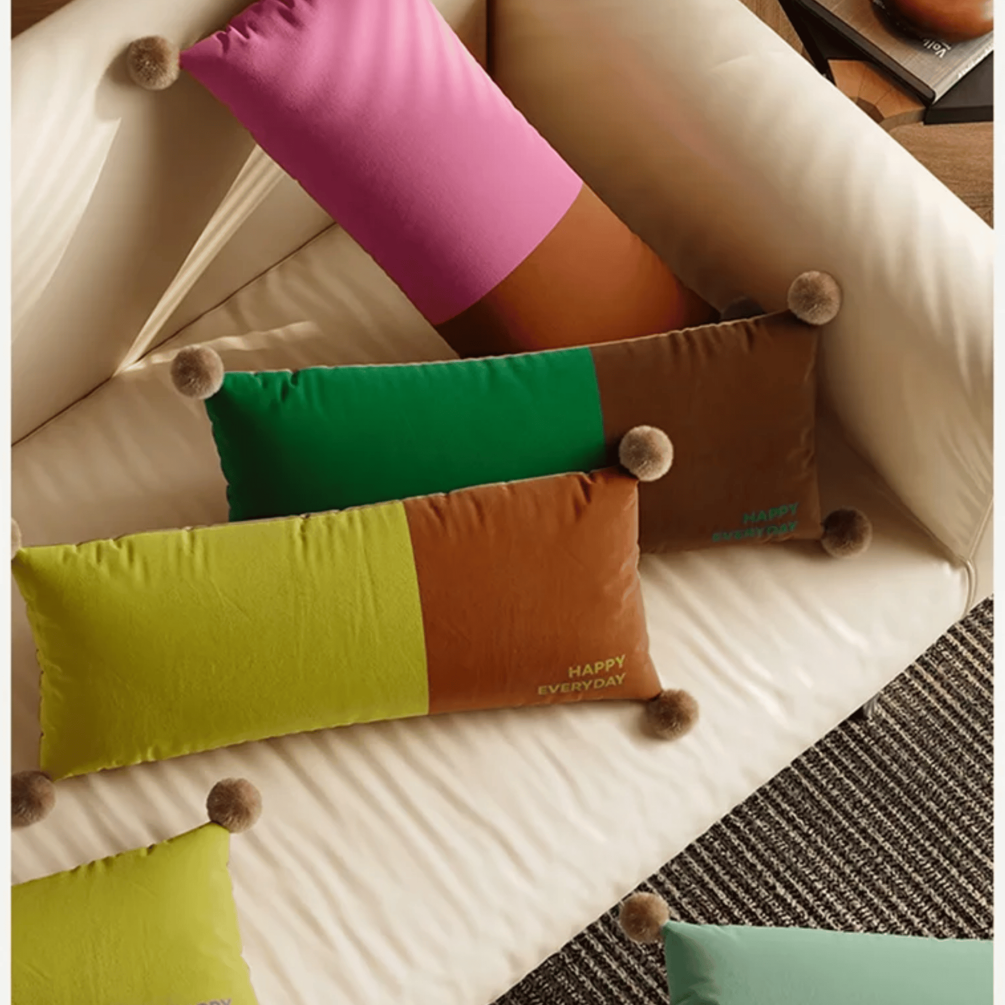 Mysra Soft Velvet Pom Bolster Pillow Nordic Style, Blue, Throw Pillows, Scandinavian