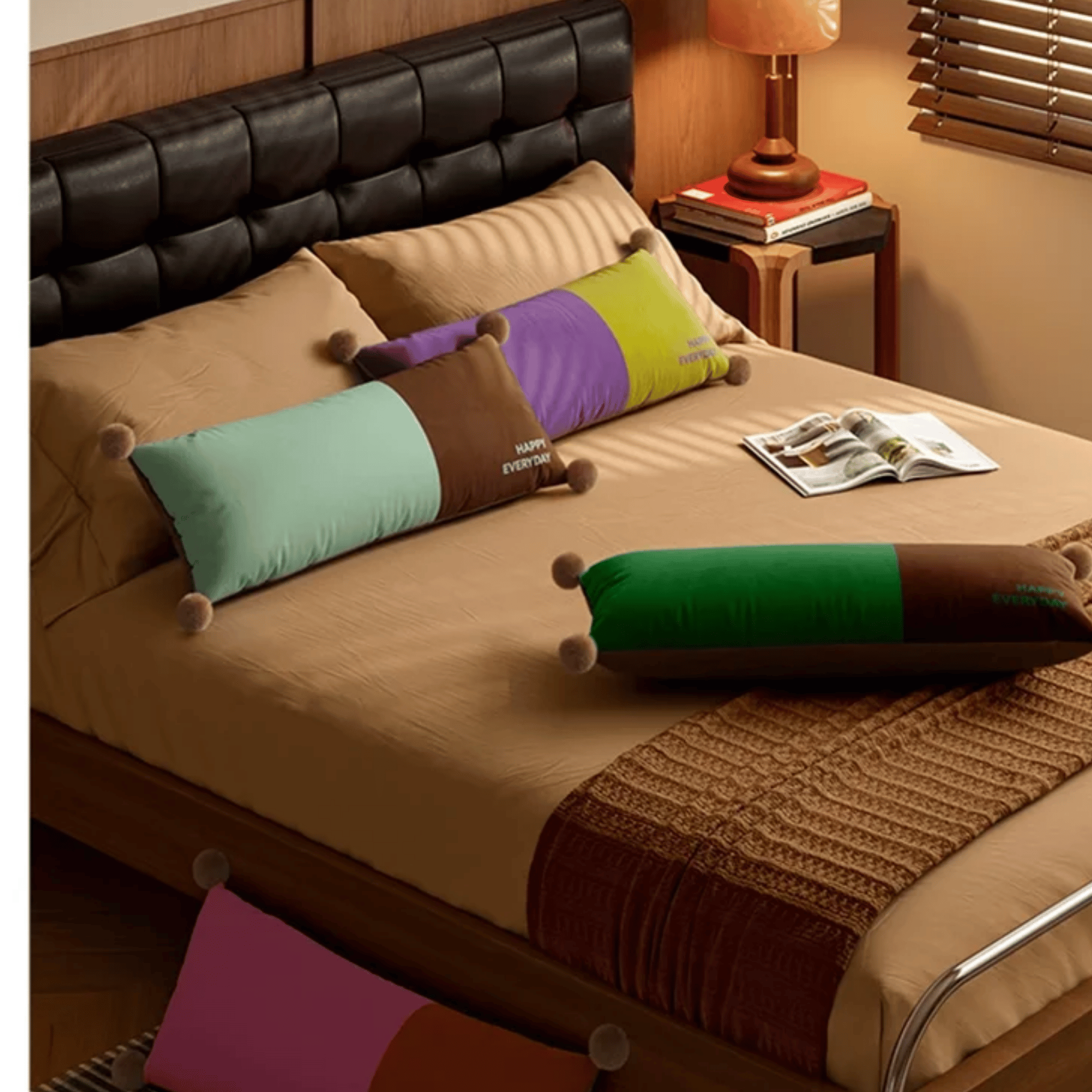 Mysra Soft Velvet Pom Bolster Pillow Nordic Style, Pink, Throw Pillows, Scandinavian