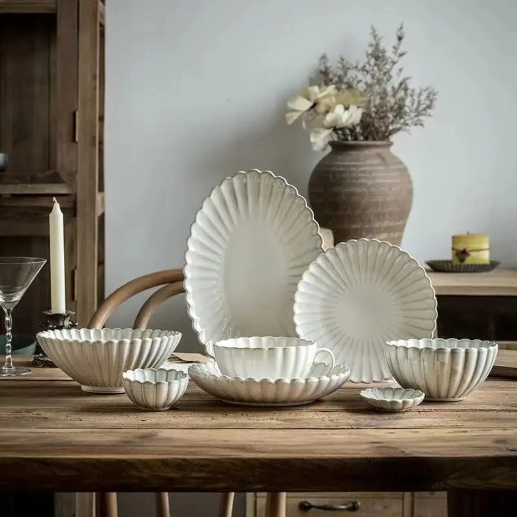 Blomra Fluted Ceramic Dinnerware Set - 4 to 8 pcs, Person-Set, Sets, Nordic Matte Glaze Finish