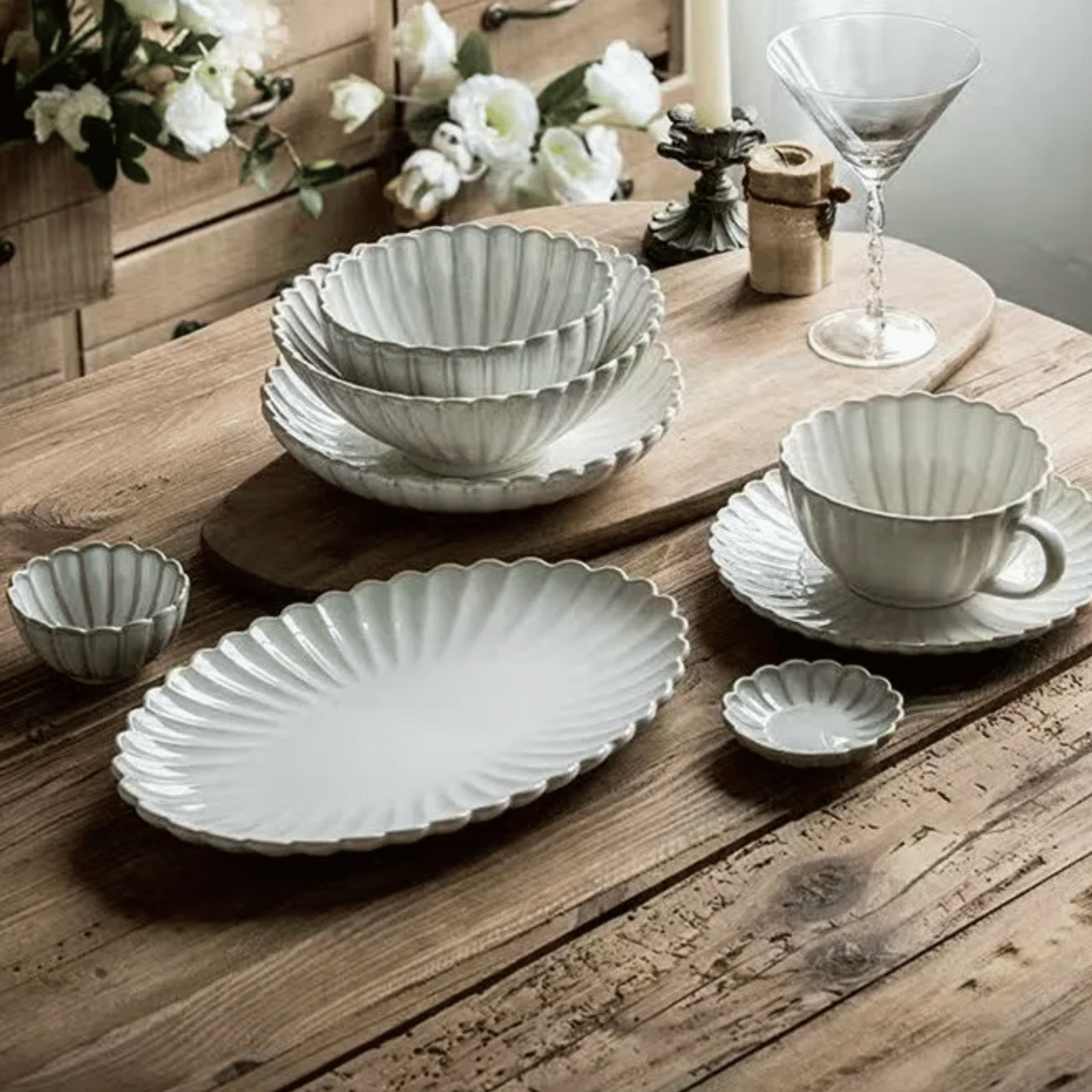 Blomra Fluted Ceramic Dinnerware Set - 4 to 8 pcs, 6 Person-Set, Sets, Nordic Matte Glaze Finish