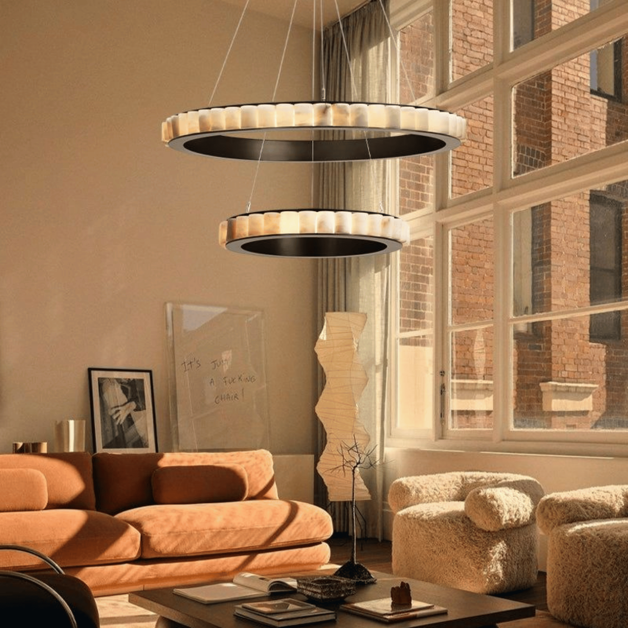 Ringve Marble Dual Ring Pendant Light for Dining Room, Ceiling Fixtures, White LED