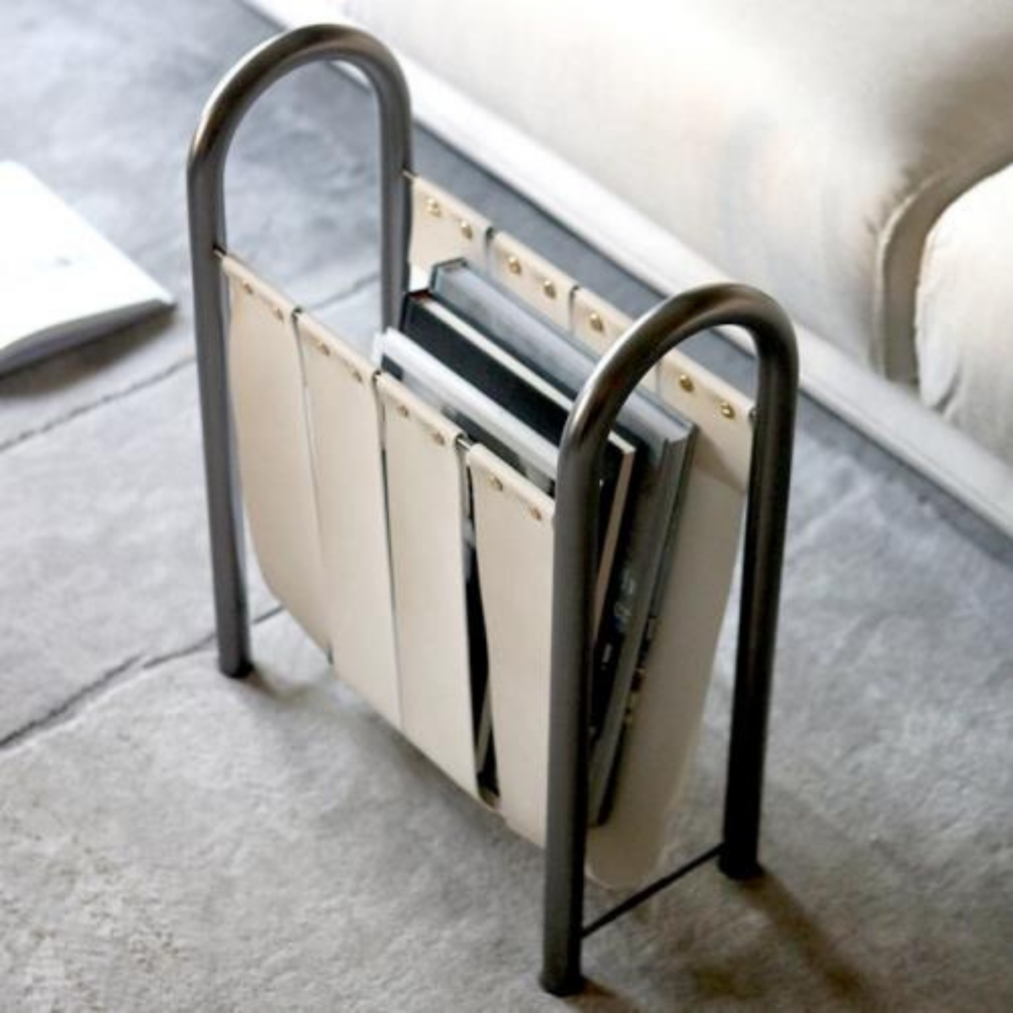 Rydda Modern Leather Magazine Rack with Metal Frame, White - Large, Racks