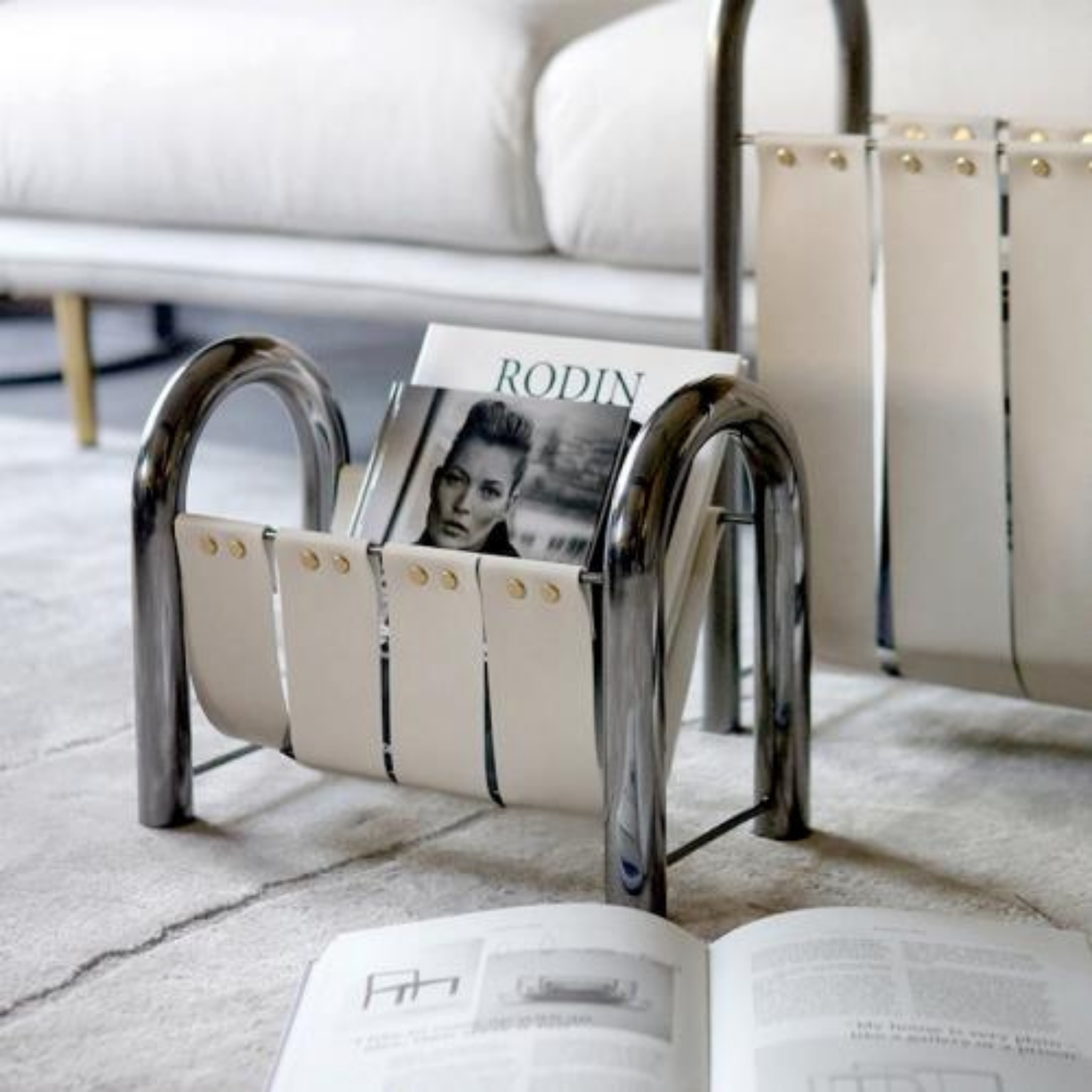 Rydda Modern Leather Magazine Rack with Metal Frame, White -Small, Racks