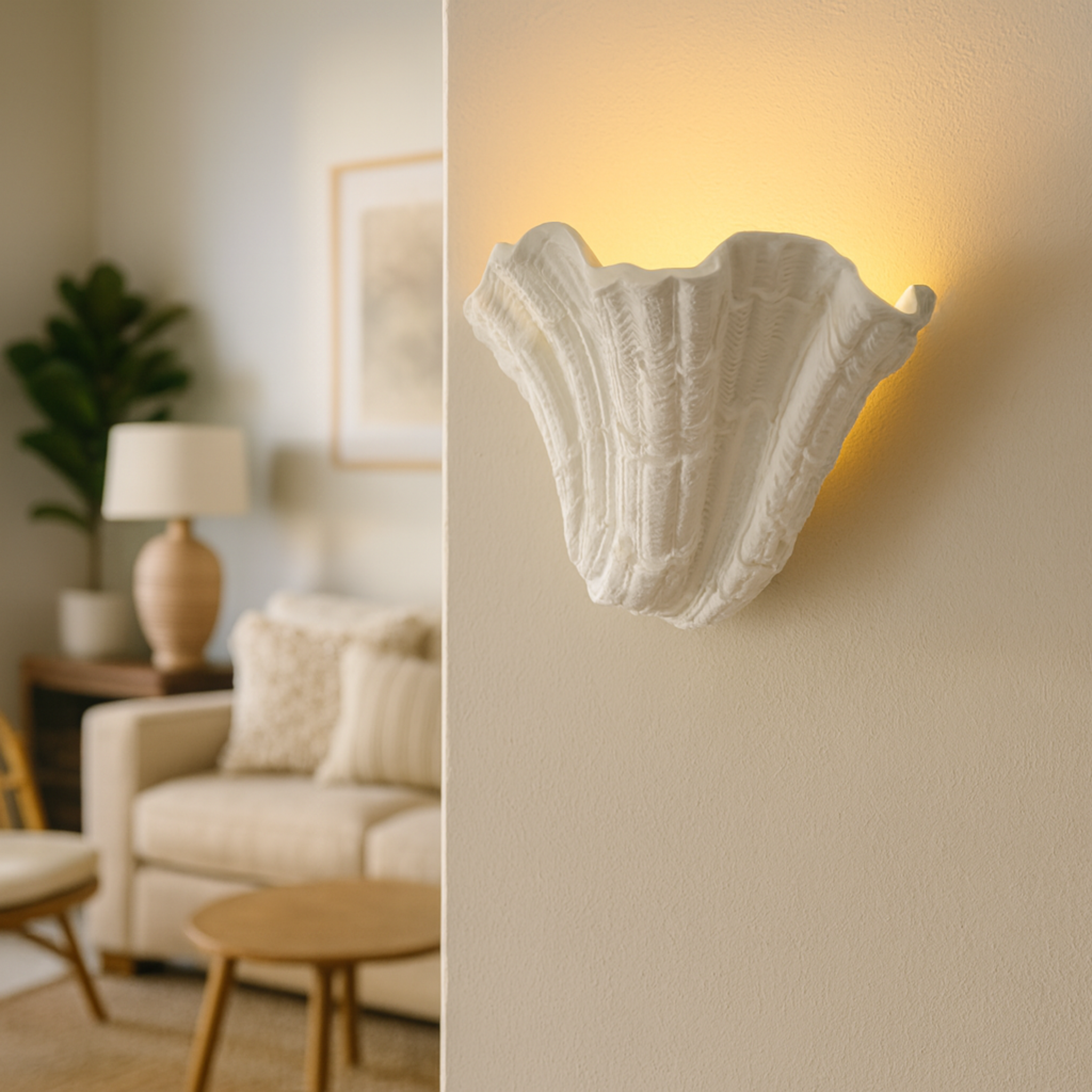 Skalva Gypsum Shell Wall Sconce Sculptural LED Light, Fixtures, Handcrafted