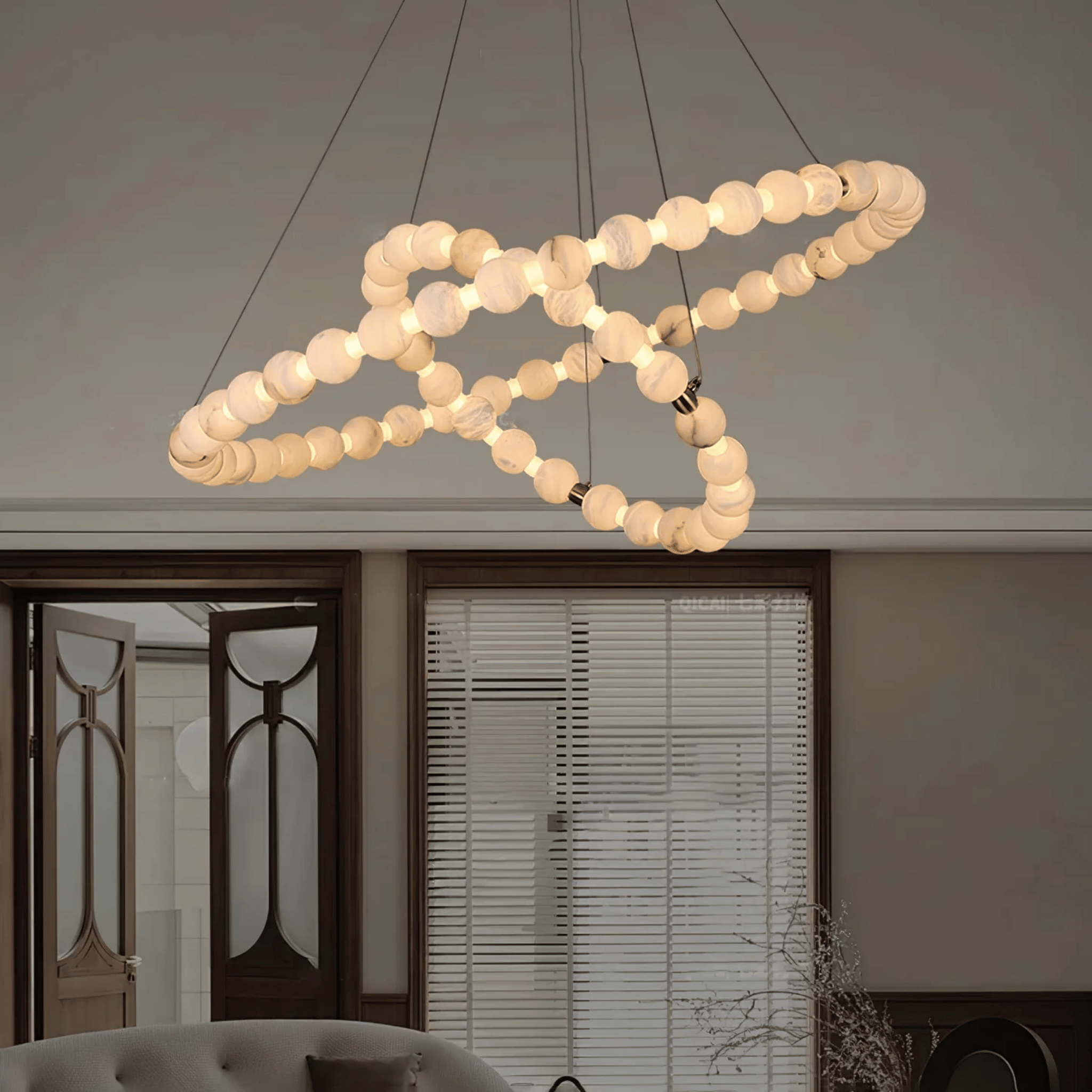 Alabaster Marble Dual Halo LED Chandelier in Gold, Ceiling Light Fixtures, Solring