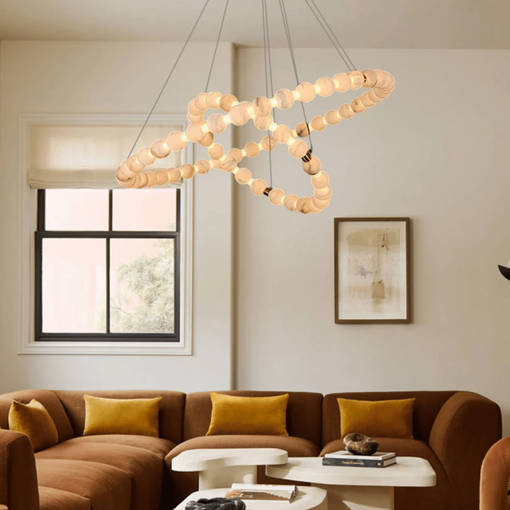 Alabaster Marble Dual Halo LED Chandelier in Gold, Large, Ceiling Light Fixtures, Solring