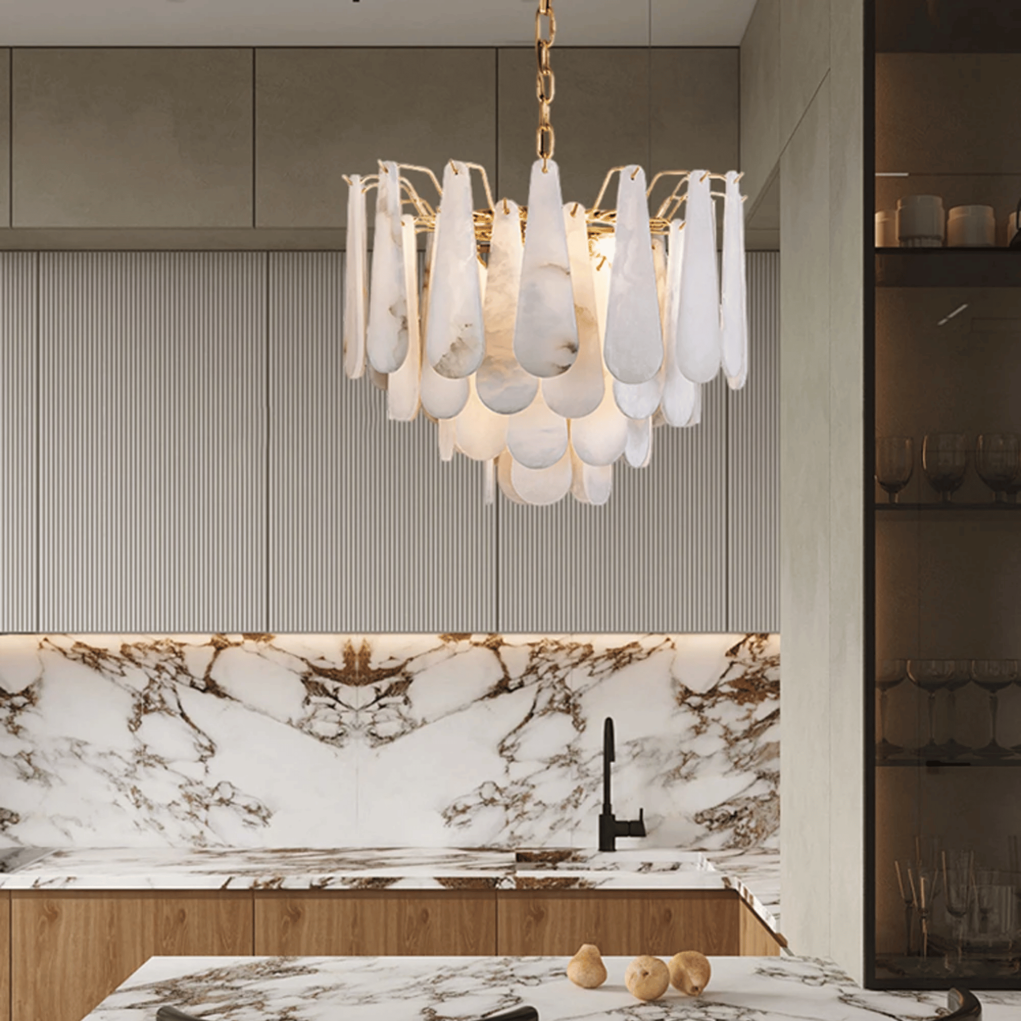 Marble Tiered Cascade Chandelier for High Ceilings, 31.5’’ / Warm light, Ceiling Light Fixtures, Steinfall Alabaster