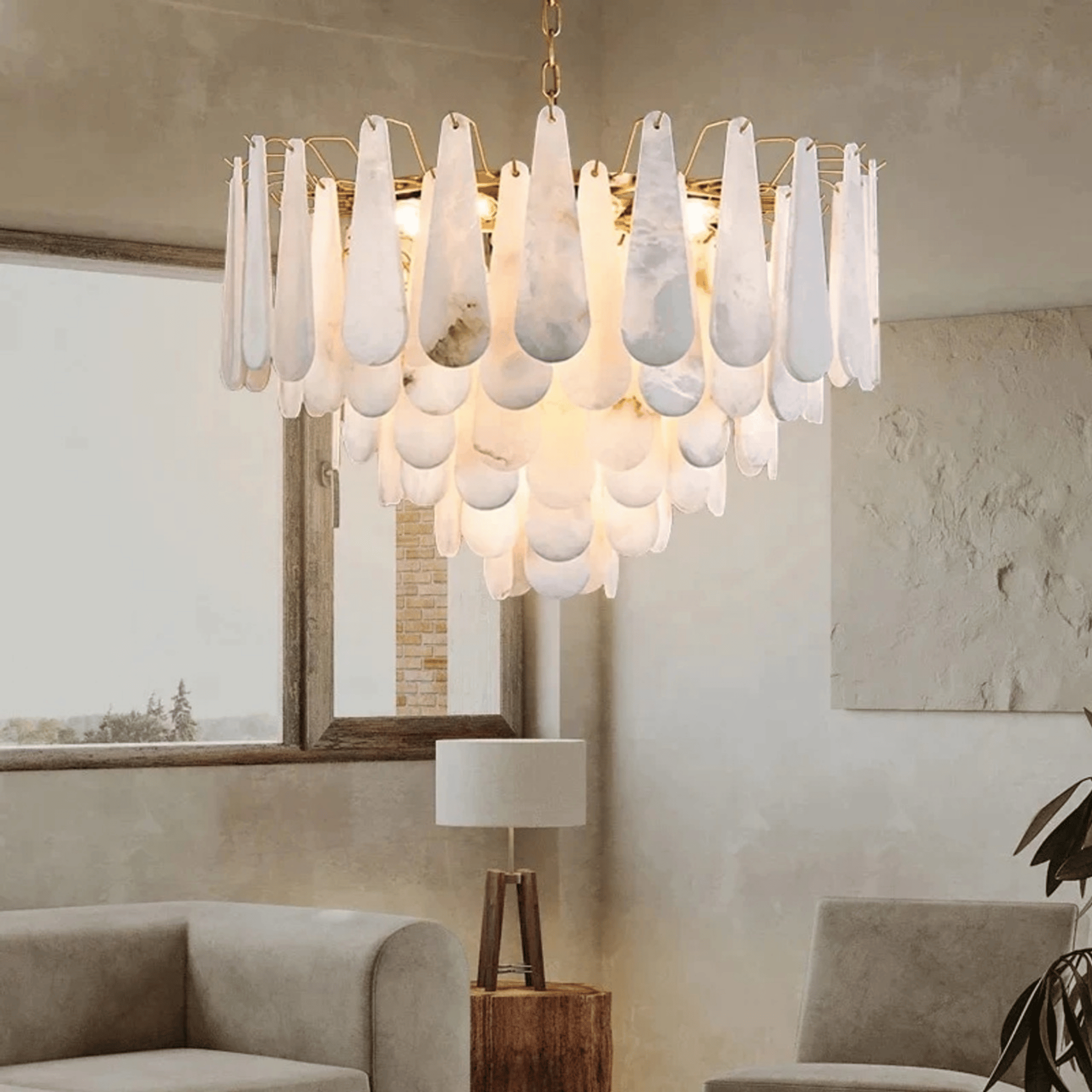 Marble Tiered Cascade Chandelier for High Ceilings, Ceiling Light Fixtures, Steinfall Alabaster